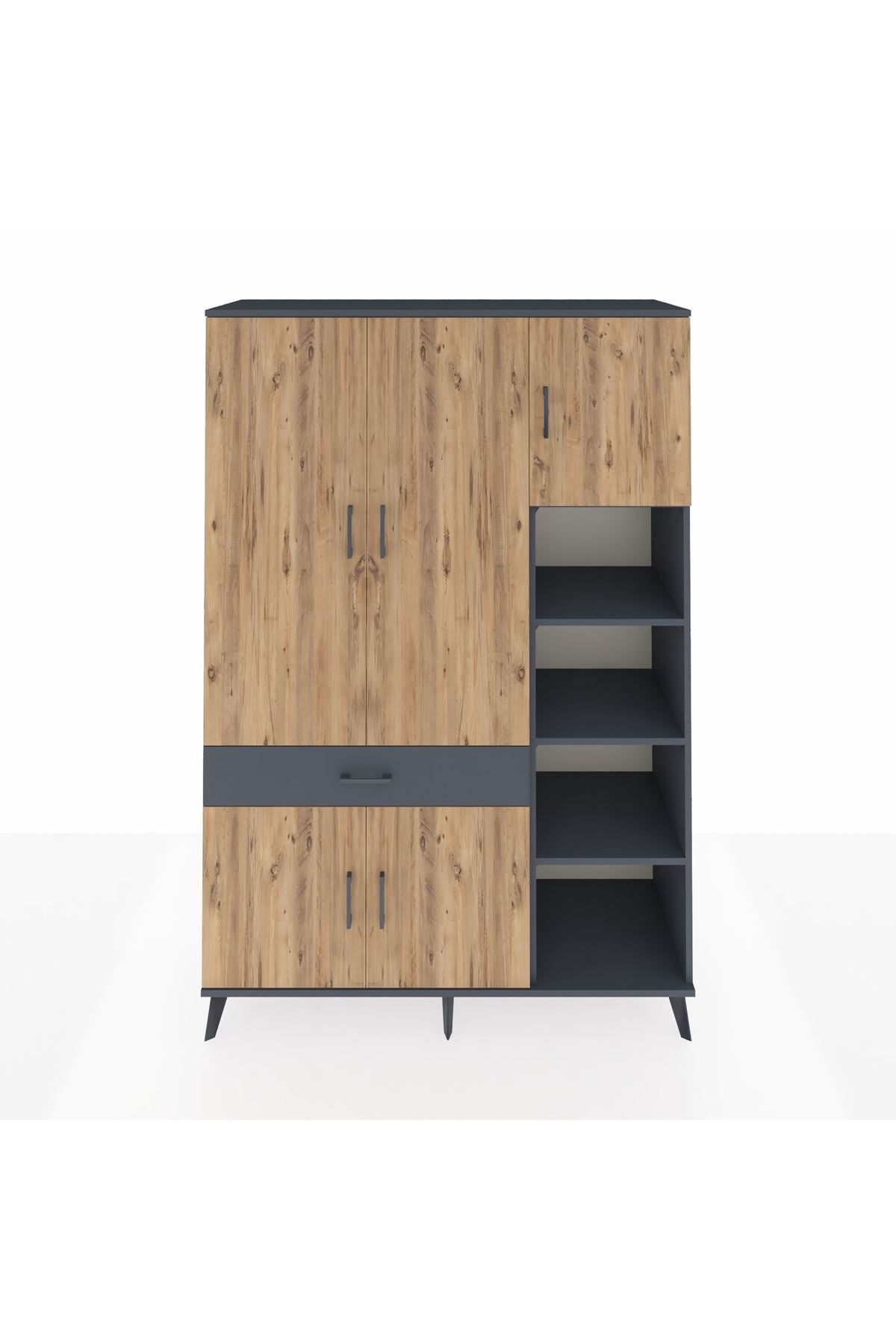 Hyperion Dolap 10 Raflı Tek Çekmeceli 5 Kapaklı 132x44x195 Antrasit-Çam/Antrasit