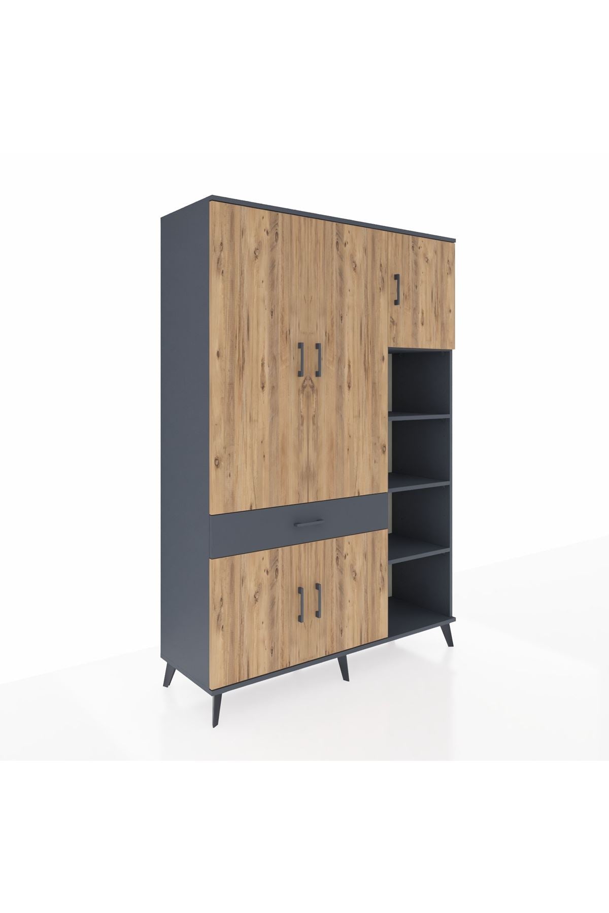 Hyperion Dolap 10 Raflı Tek Çekmeceli 5 Kapaklı 132x44x195 Antrasit-Çam/Antrasit