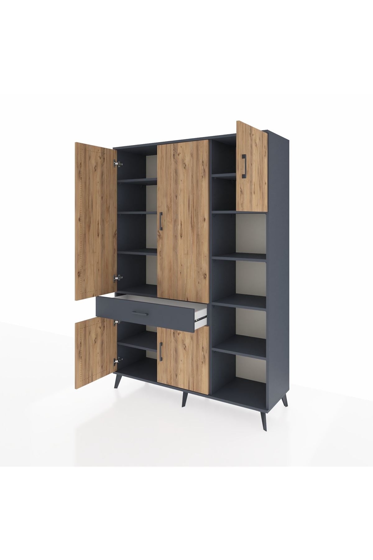 Hyperion Dolap 10 Raflı Tek Çekmeceli 5 Kapaklı 132x44x195 Antrasit-Çam/Antrasit