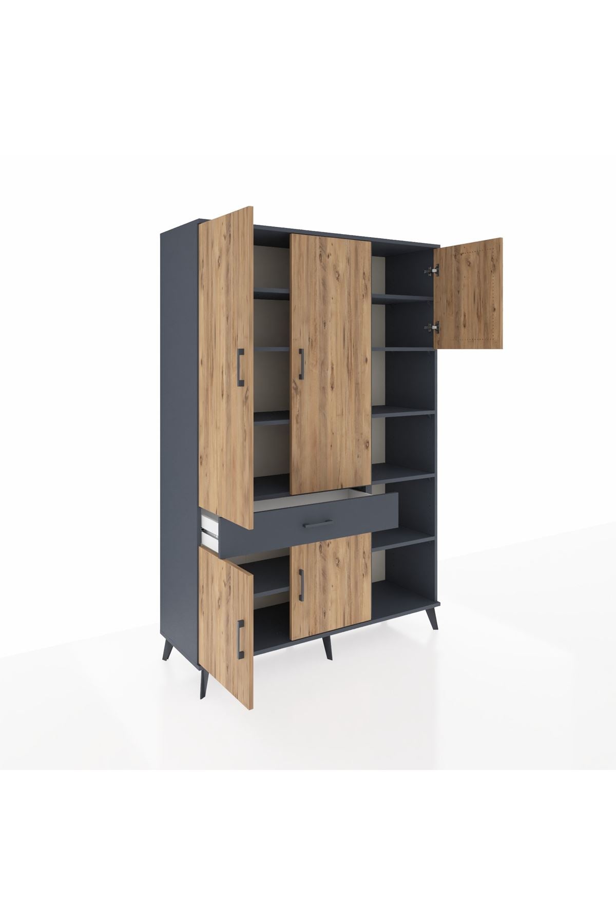 Hyperion Dolap 10 Raflı Tek Çekmeceli 5 Kapaklı 132x44x195 Antrasit-Çam/Antrasit