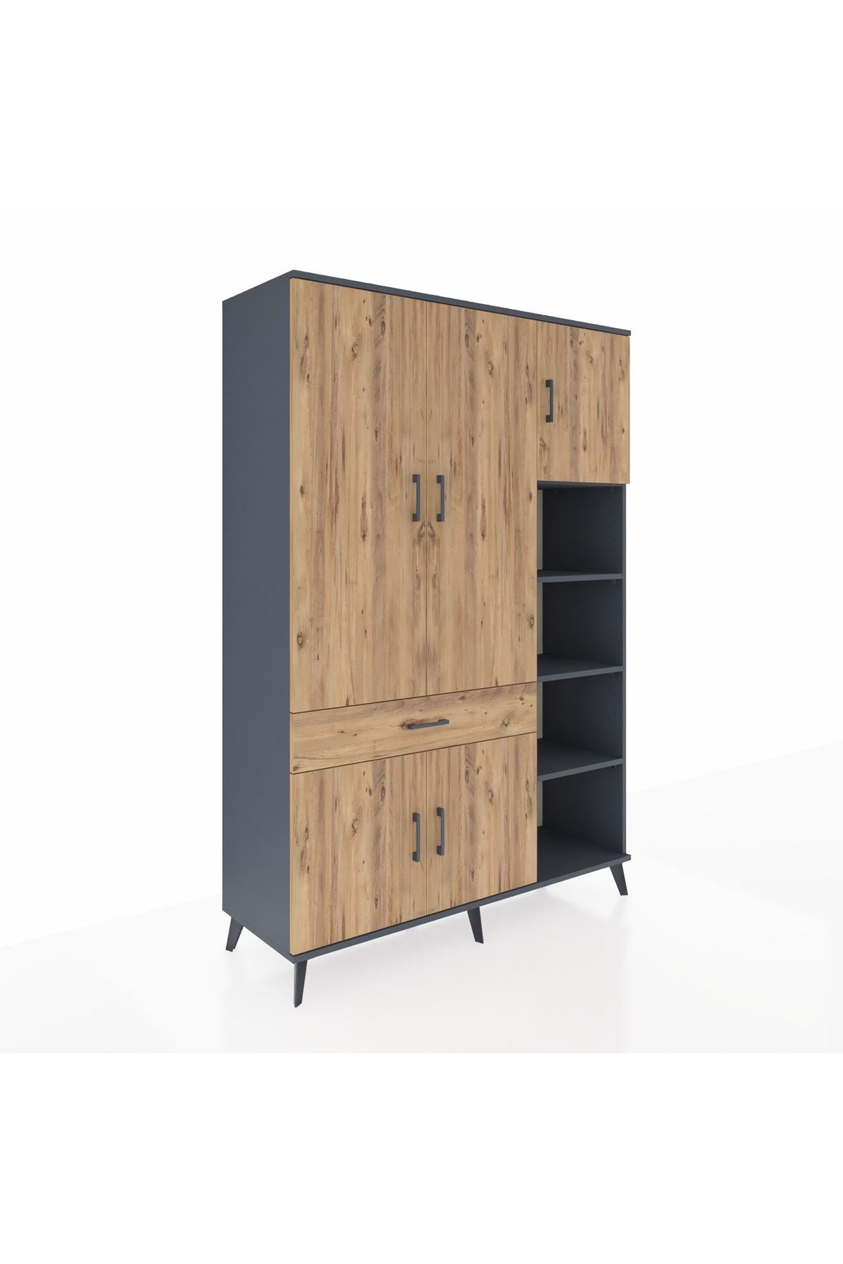 Hyperion Dolap 10 Raflı Tek Çekmeceli 5 Kapaklı 132x44x195 Antrasit-Çam/Çam