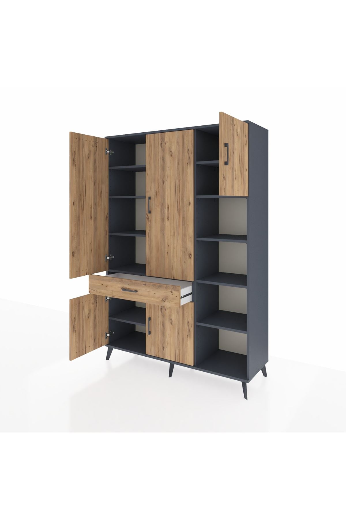 Hyperion Dolap 10 Raflı Tek Çekmeceli 5 Kapaklı 132x44x195 Antrasit-Çam/Çam