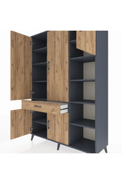 Hyperion Dolap 10 Raflı Tek Çekmeceli 5 Kapaklı 132x44x195 Antrasit-Çam/Çam