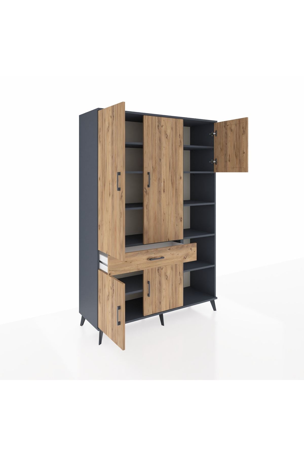 Hyperion Dolap 10 Raflı Tek Çekmeceli 5 Kapaklı 132x44x195 Antrasit-Çam/Çam