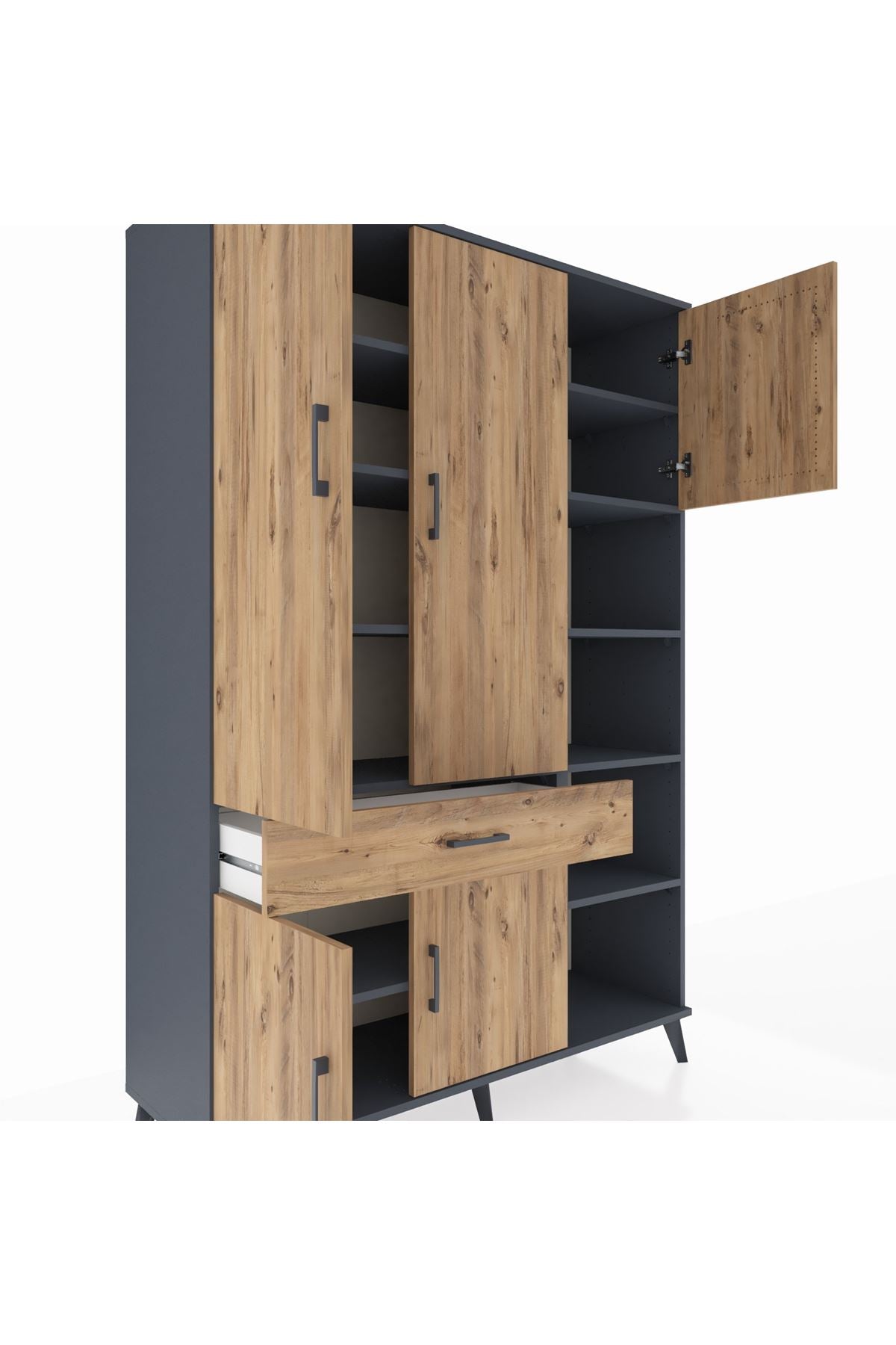 Hyperion Dolap 10 Raflı Tek Çekmeceli 5 Kapaklı 132x44x195 Antrasit-Çam/Çam