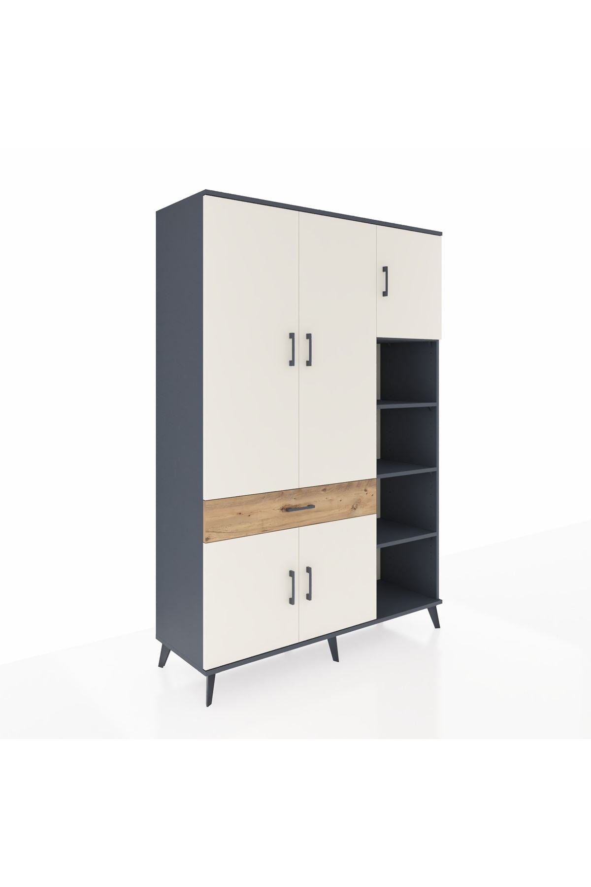 Hyperion Dolap 10 Raflı Tek Çekmeceli 5 Kapaklı 132x44x195 Antrasit-Aytaşı/Çam