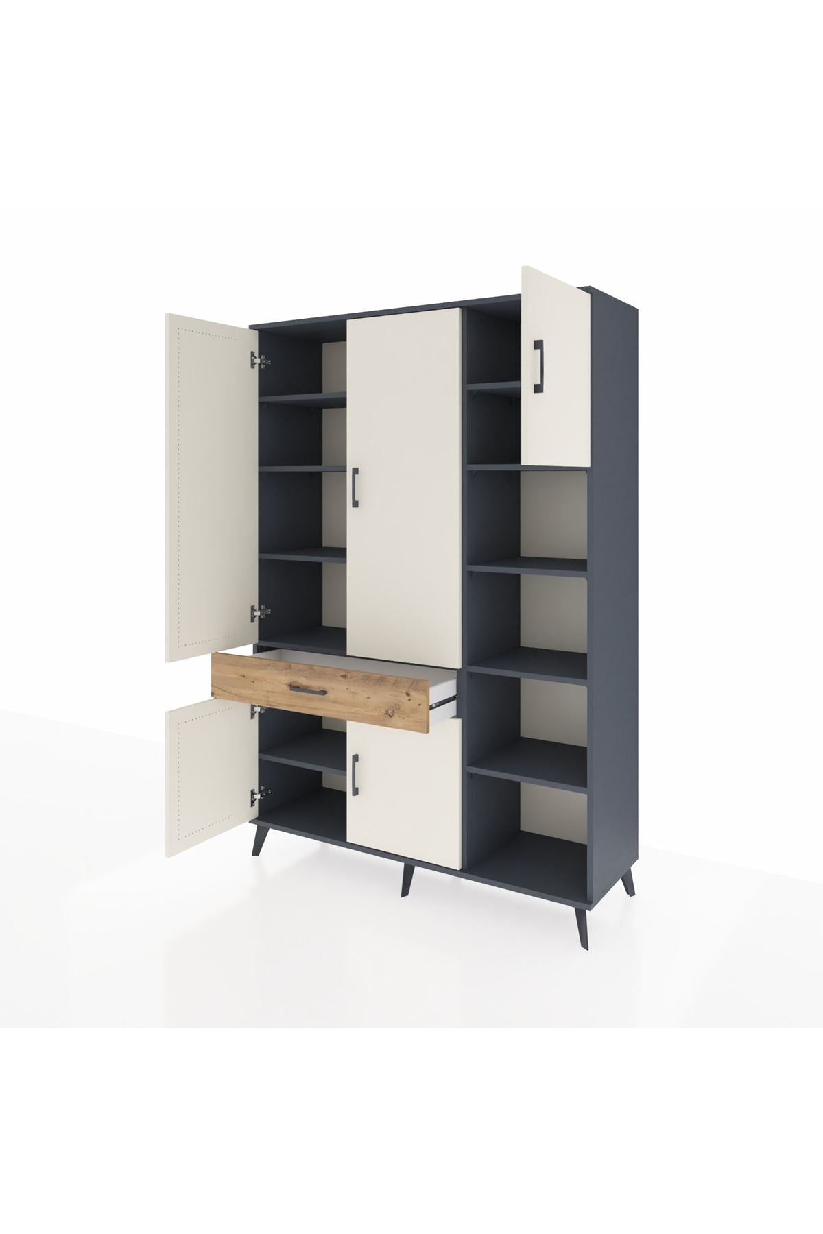 Hyperion Dolap 10 Raflı Tek Çekmeceli 5 Kapaklı 132x44x195 Antrasit-Aytaşı/Çam