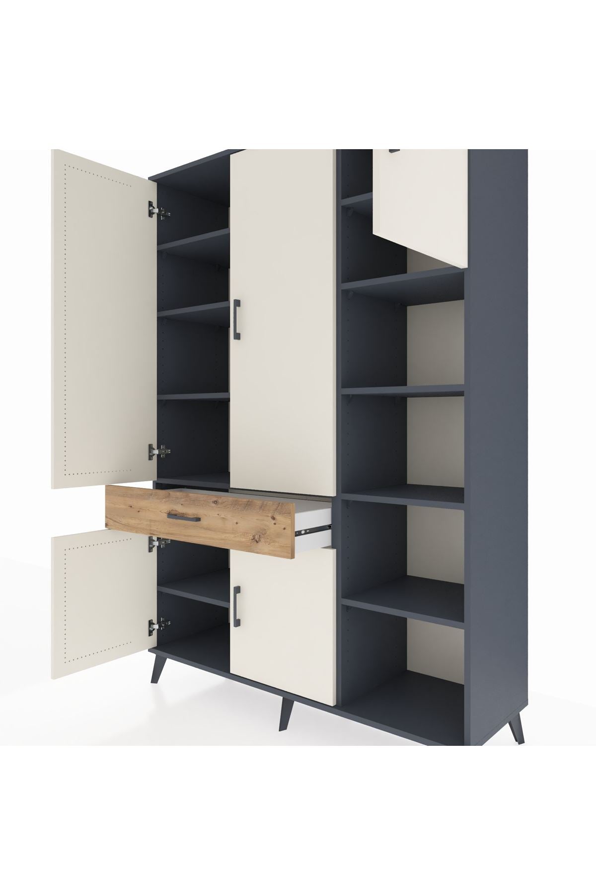 Hyperion Dolap 10 Raflı Tek Çekmeceli 5 Kapaklı 132x44x195 Antrasit-Aytaşı/Çam