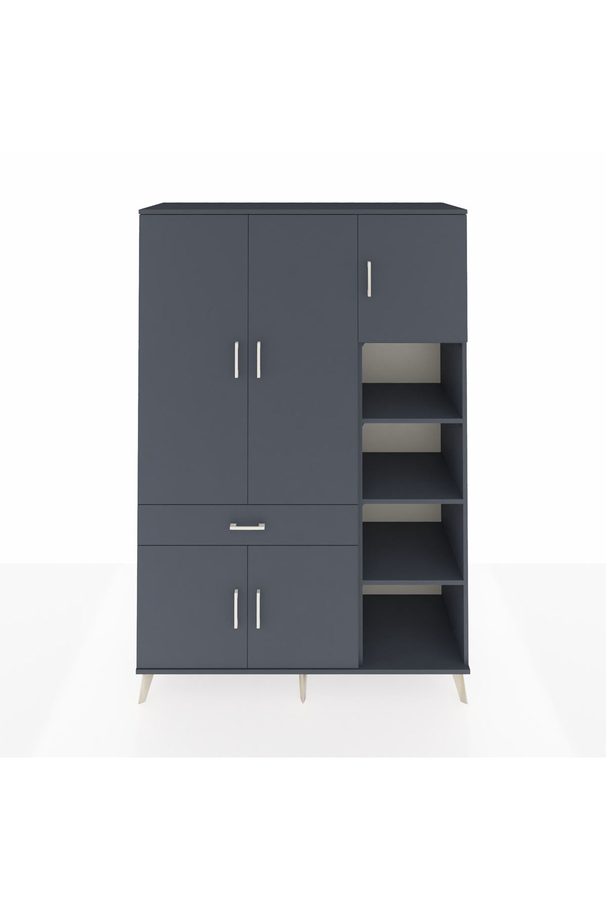 Hyperion Dolap 10 Raflı Tek Çekmeceli 5 Kapaklı 132x44x195 Antrasit-Antrasit/Antrasit