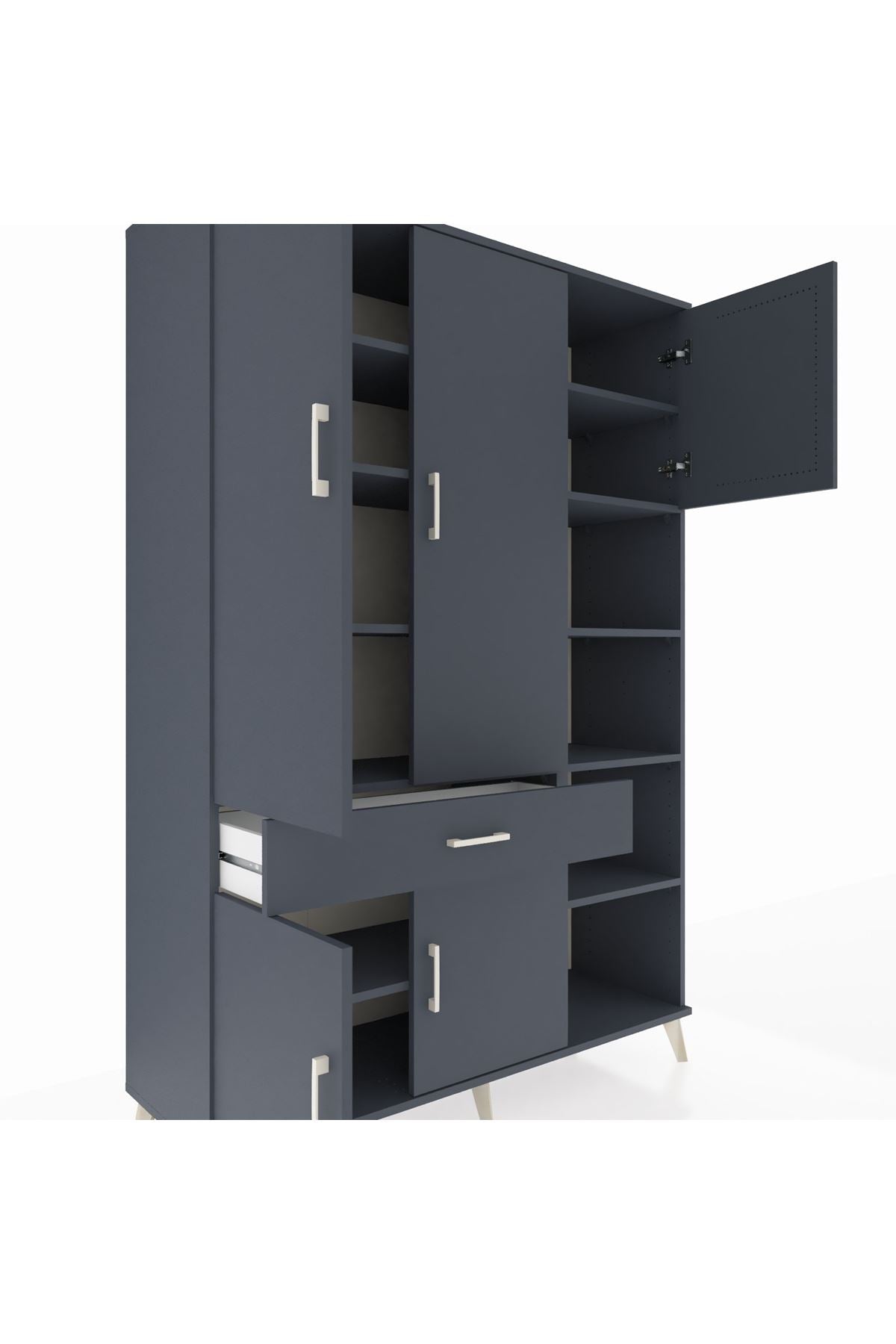 Hyperion Dolap 10 Raflı Tek Çekmeceli 5 Kapaklı 132x44x195 Antrasit-Antrasit/Antrasit