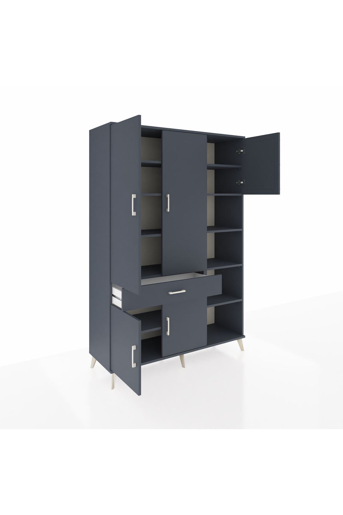 Hyperion Dolap 10 Raflı Tek Çekmeceli 5 Kapaklı 132x44x195 Antrasit-Antrasit/Antrasit