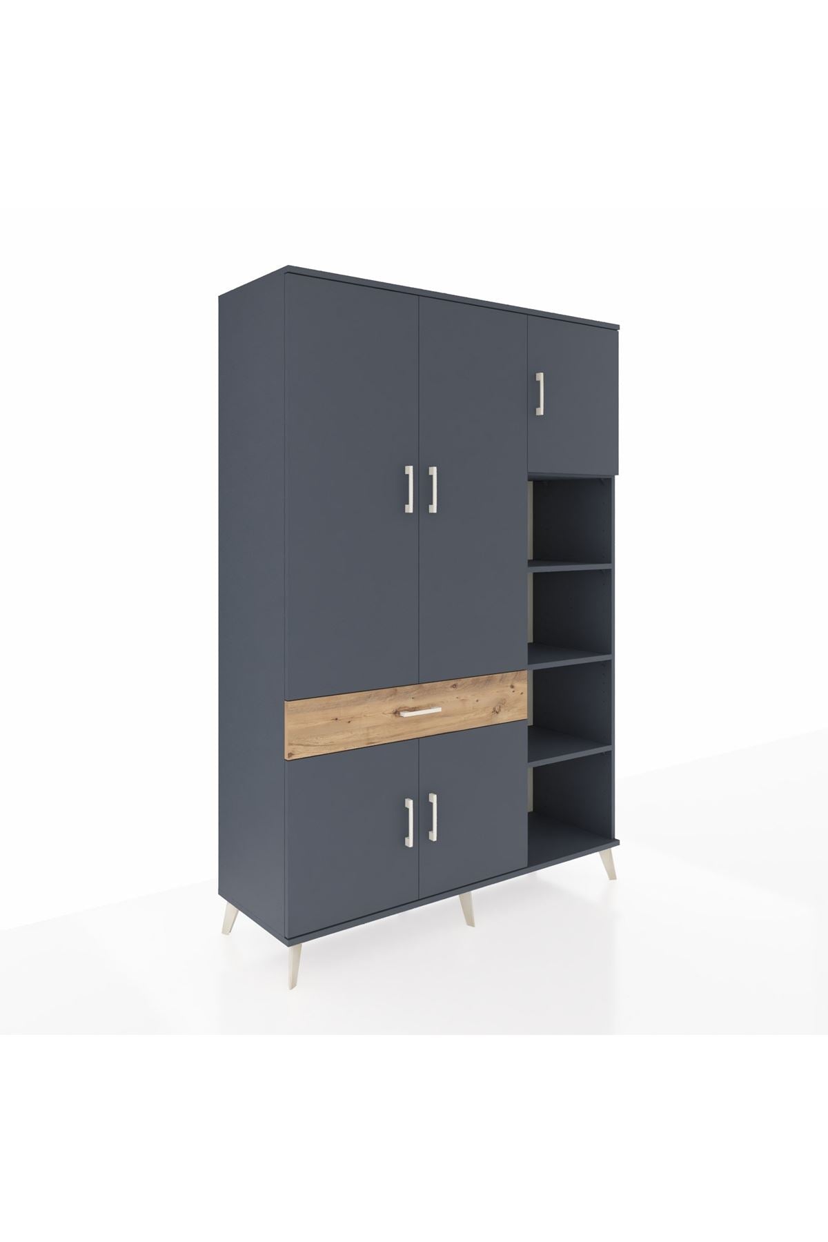 Hyperion Dolap 10 Raflı Tek Çekmeceli 5 Kapaklı 132x44x195 Antrasit-Antrasit/Çam