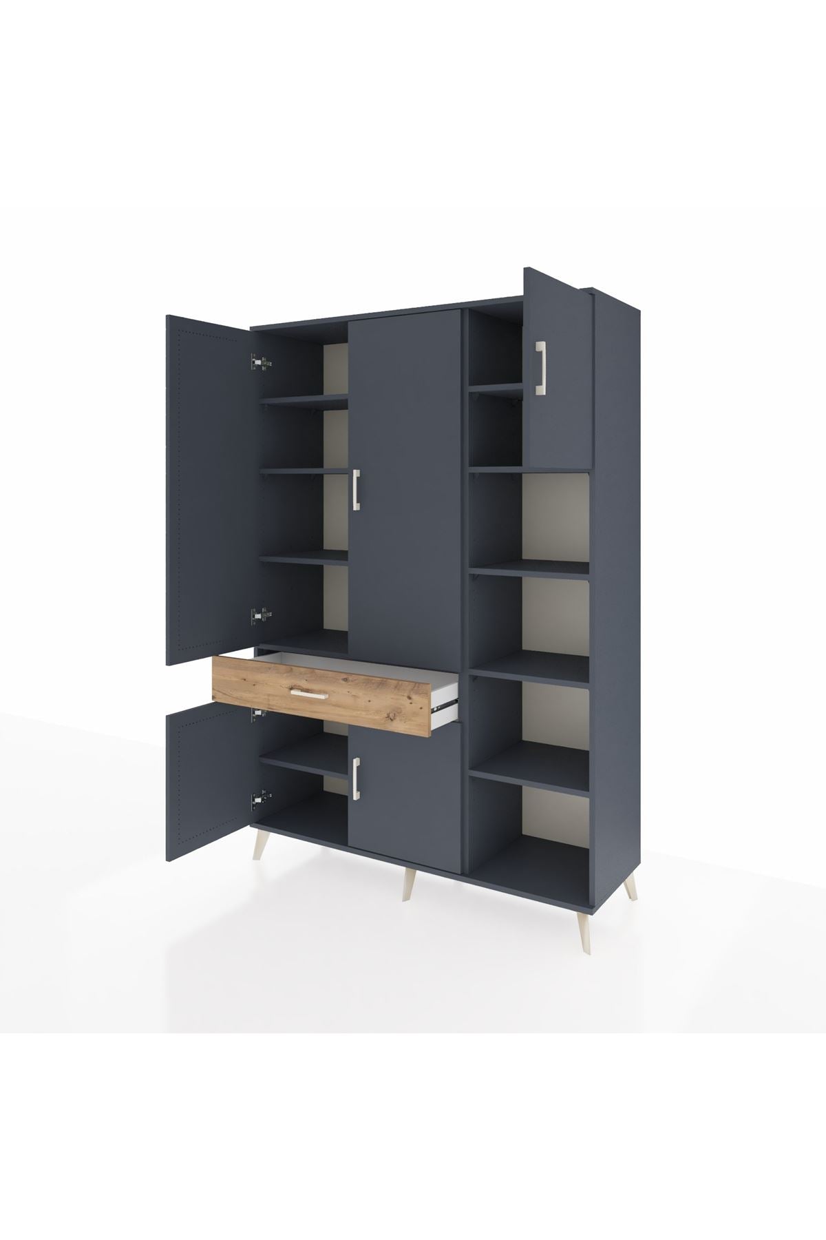 Hyperion Dolap 10 Raflı Tek Çekmeceli 5 Kapaklı 132x44x195 Antrasit-Antrasit/Çam