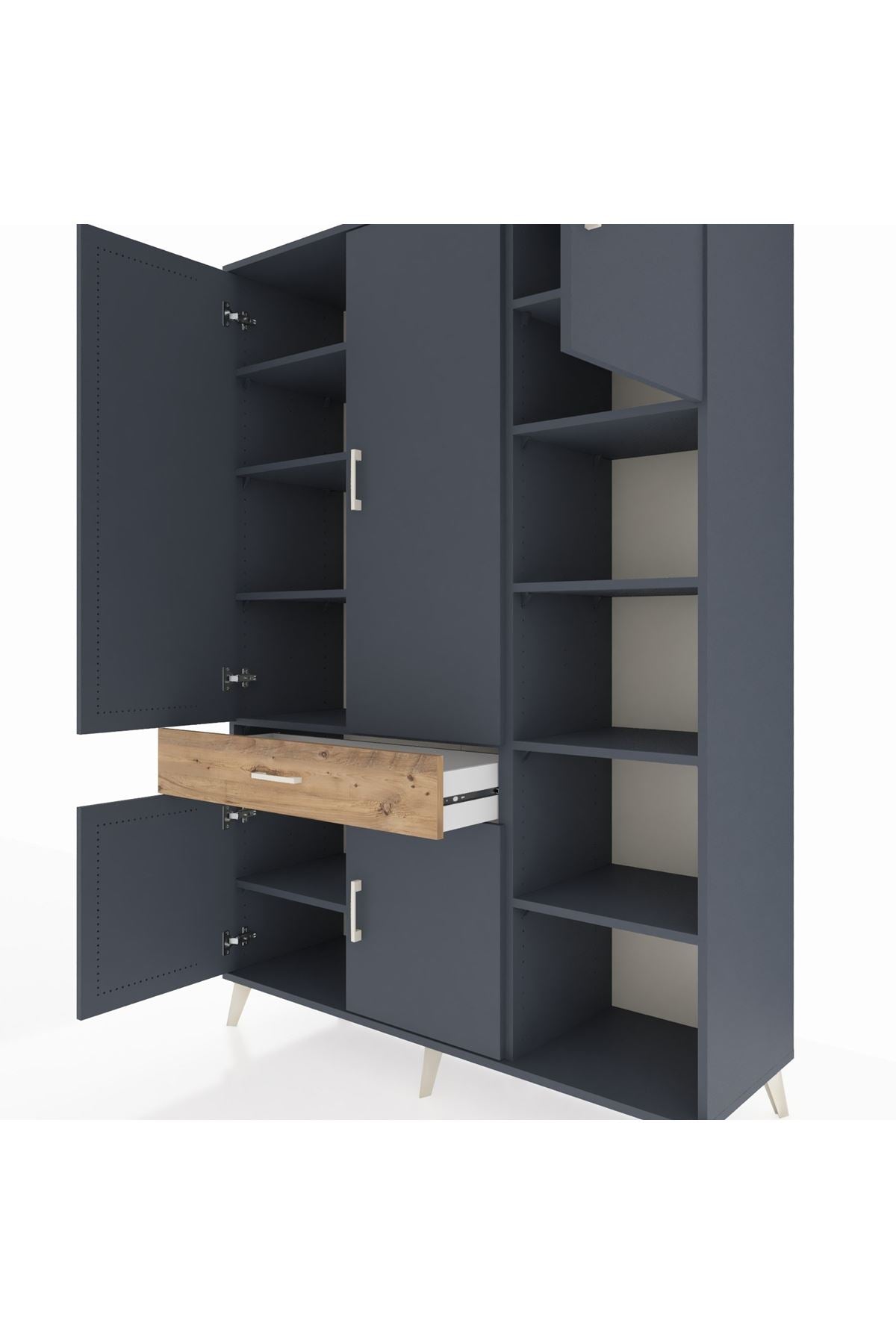 Hyperion Dolap 10 Raflı Tek Çekmeceli 5 Kapaklı 132x44x195 Antrasit-Antrasit/Çam