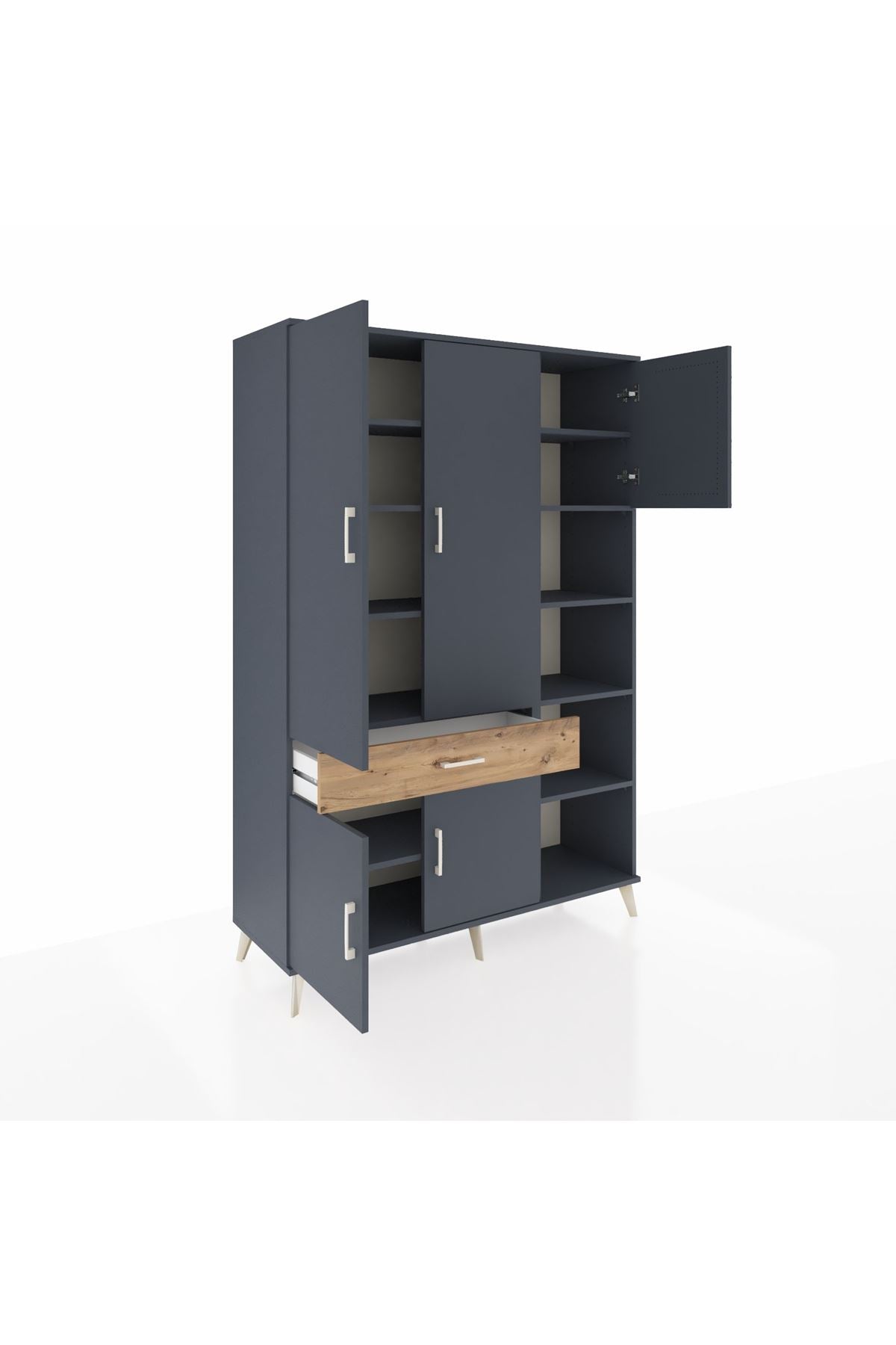 Hyperion Dolap 10 Raflı Tek Çekmeceli 5 Kapaklı 132x44x195 Antrasit-Antrasit/Çam