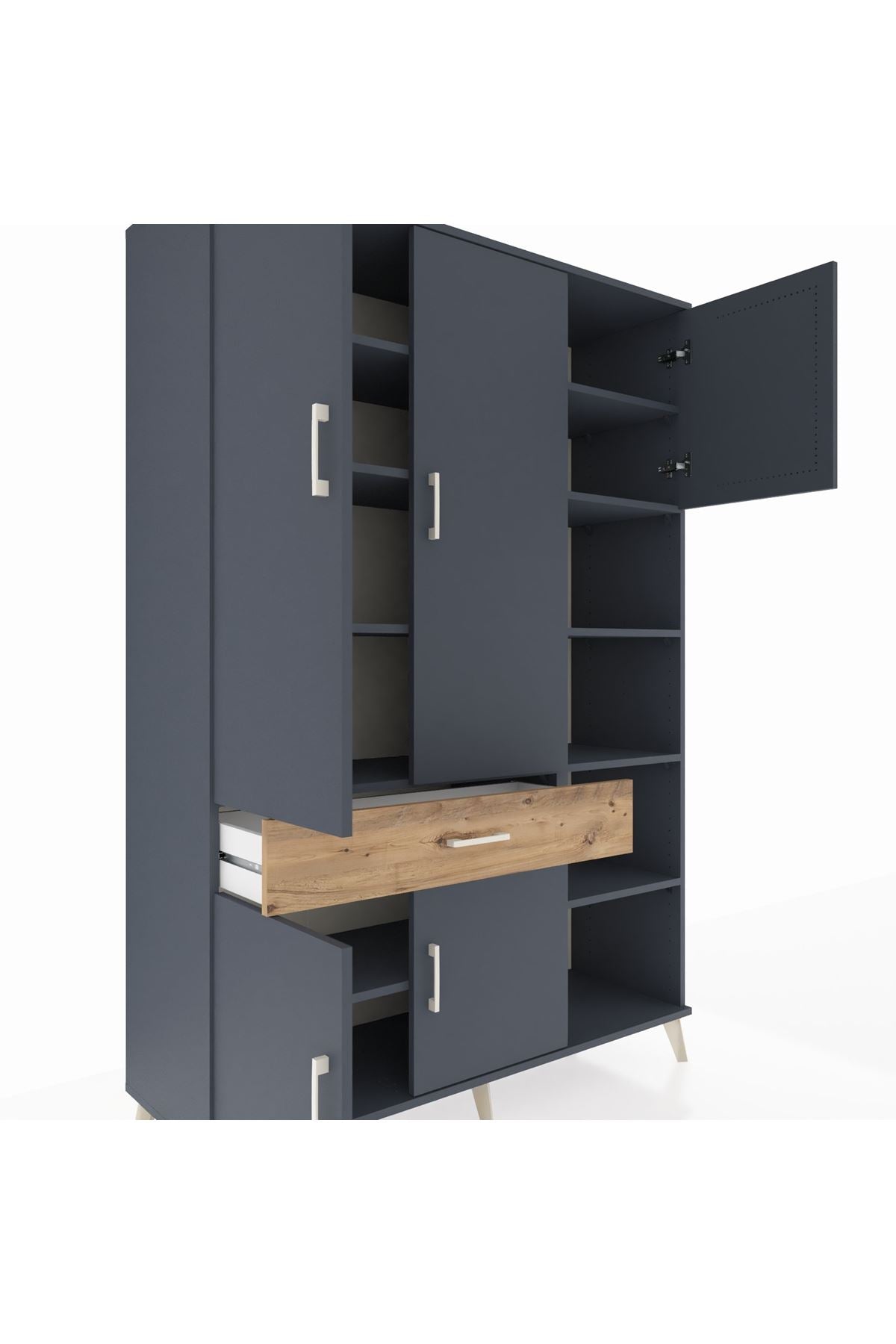 Hyperion Dolap 10 Raflı Tek Çekmeceli 5 Kapaklı 132x44x195 Antrasit-Antrasit/Çam