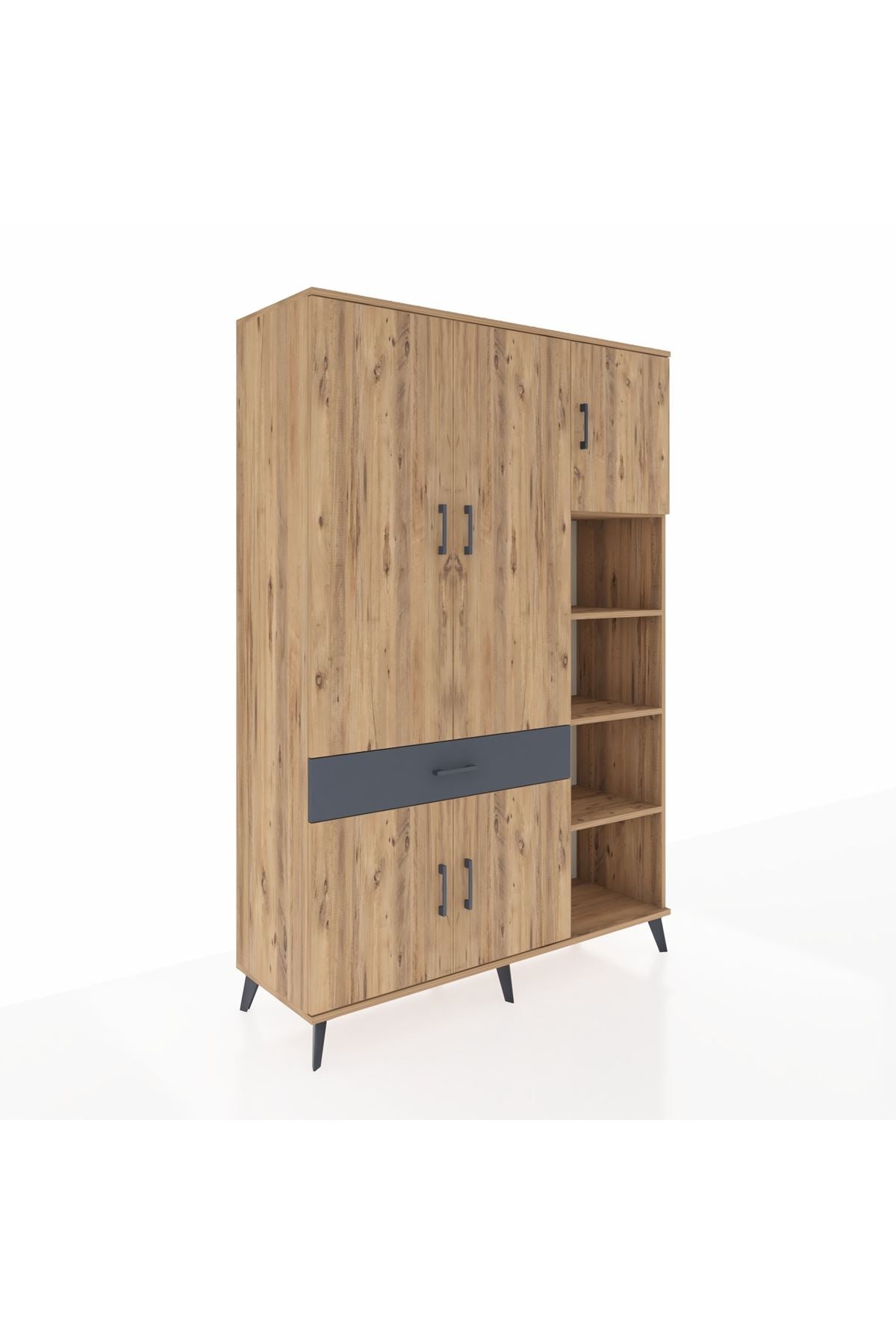 Hyperion Dolap 10 Raflı Tek Çekmeceli 5 Kapaklı 132x44x195 Çam-Çam/Antrasit