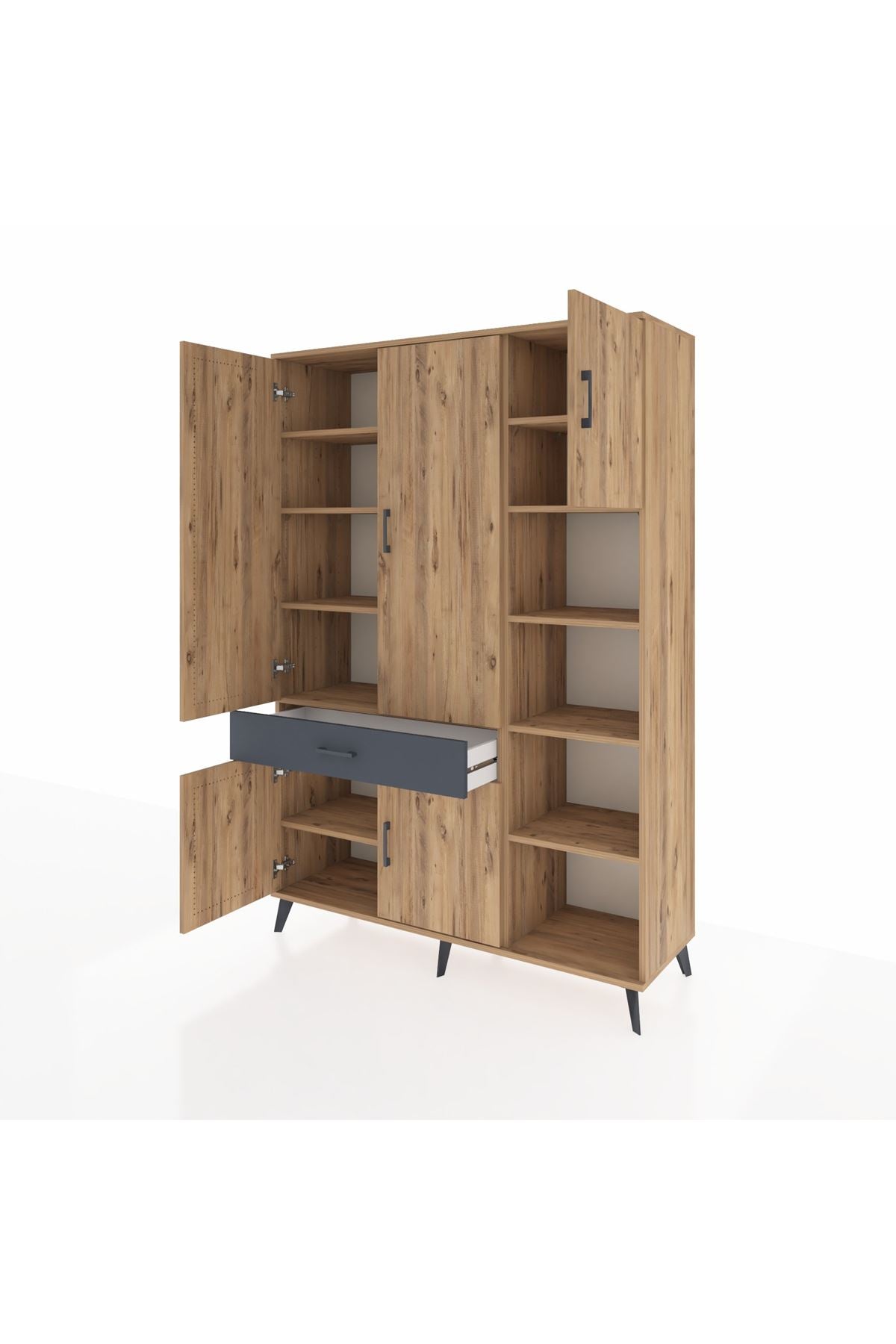 Hyperion Dolap 10 Raflı Tek Çekmeceli 5 Kapaklı 132x44x195 Çam-Çam/Antrasit