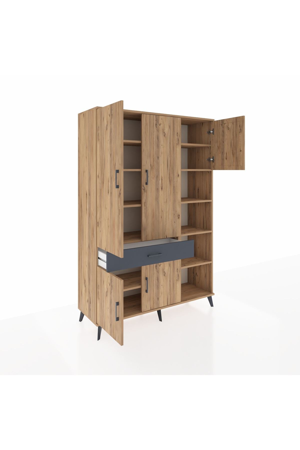 Hyperion Dolap 10 Raflı Tek Çekmeceli 5 Kapaklı 132x44x195 Çam-Çam/Antrasit