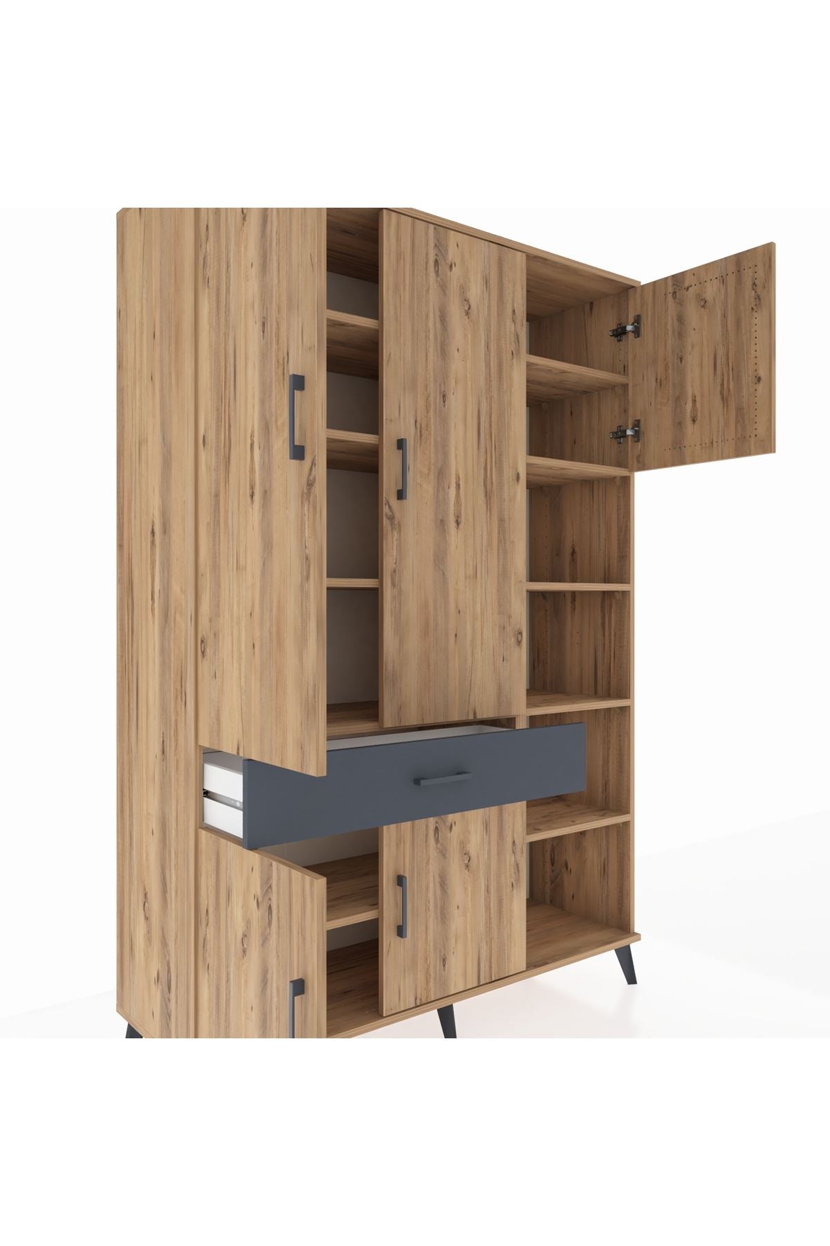 Hyperion Dolap 10 Raflı Tek Çekmeceli 5 Kapaklı 132x44x195 Çam-Çam/Antrasit