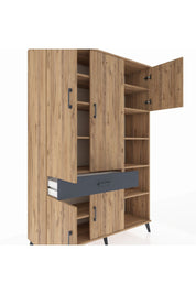 Hyperion Dolap 10 Raflı Tek Çekmeceli 5 Kapaklı 132x44x195 Çam-Çam/Antrasit
