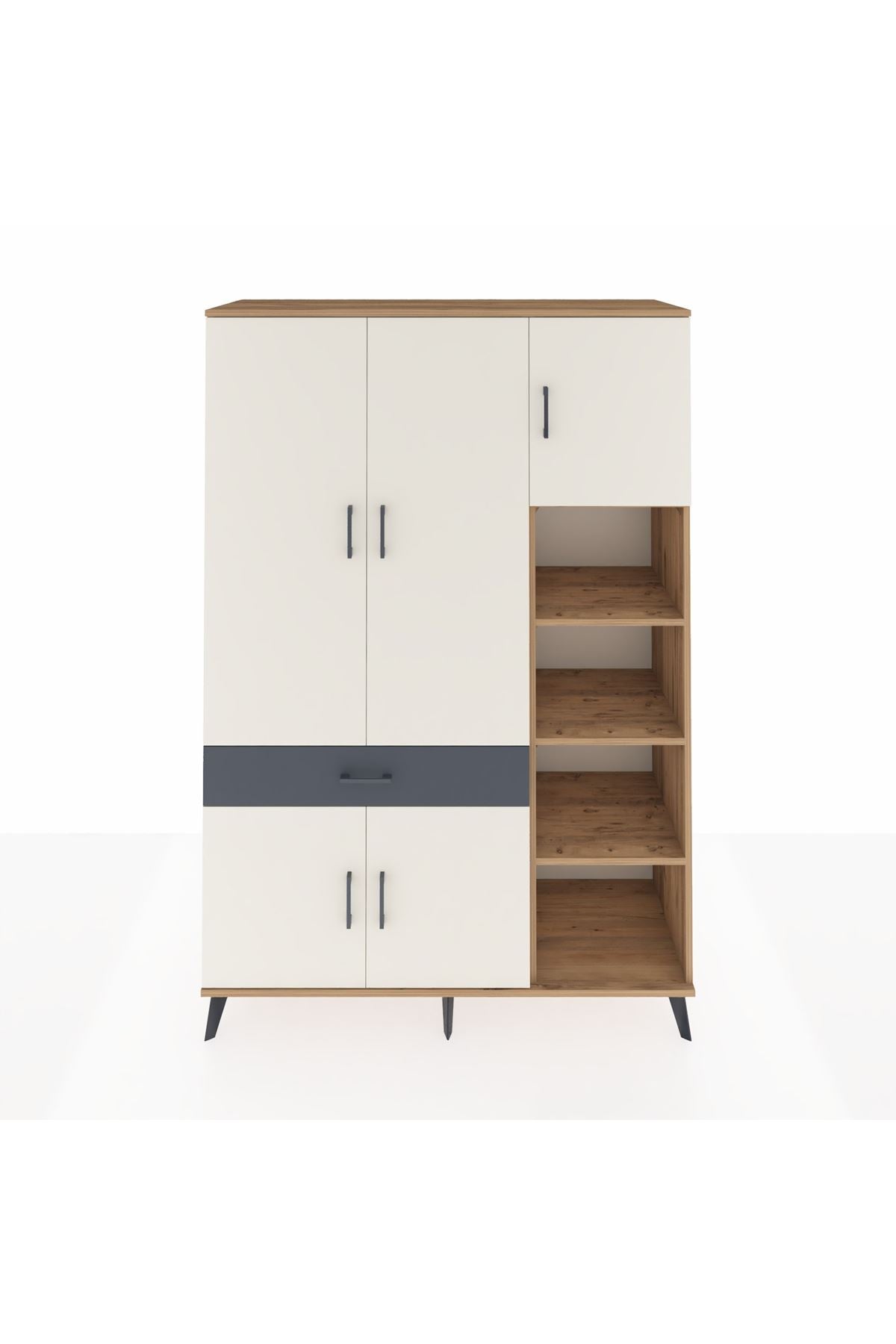 Hyperion Dolap 10 Raflı Tek Çekmeceli 5 Kapaklı 132x44x195 Çam-Aytaşı/Antrasit