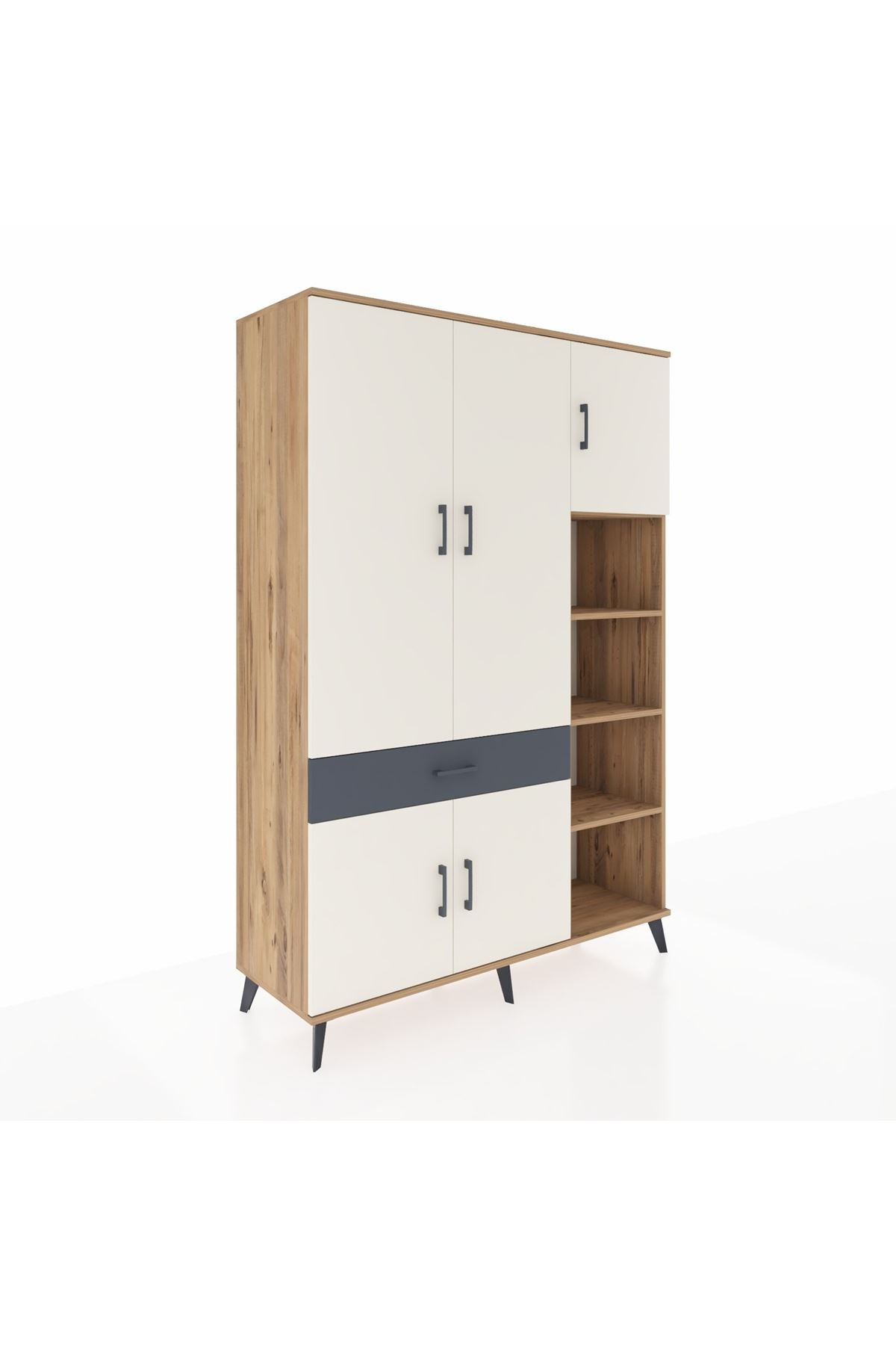 Hyperion Dolap 10 Raflı Tek Çekmeceli 5 Kapaklı 132x44x195 Çam-Aytaşı/Antrasit