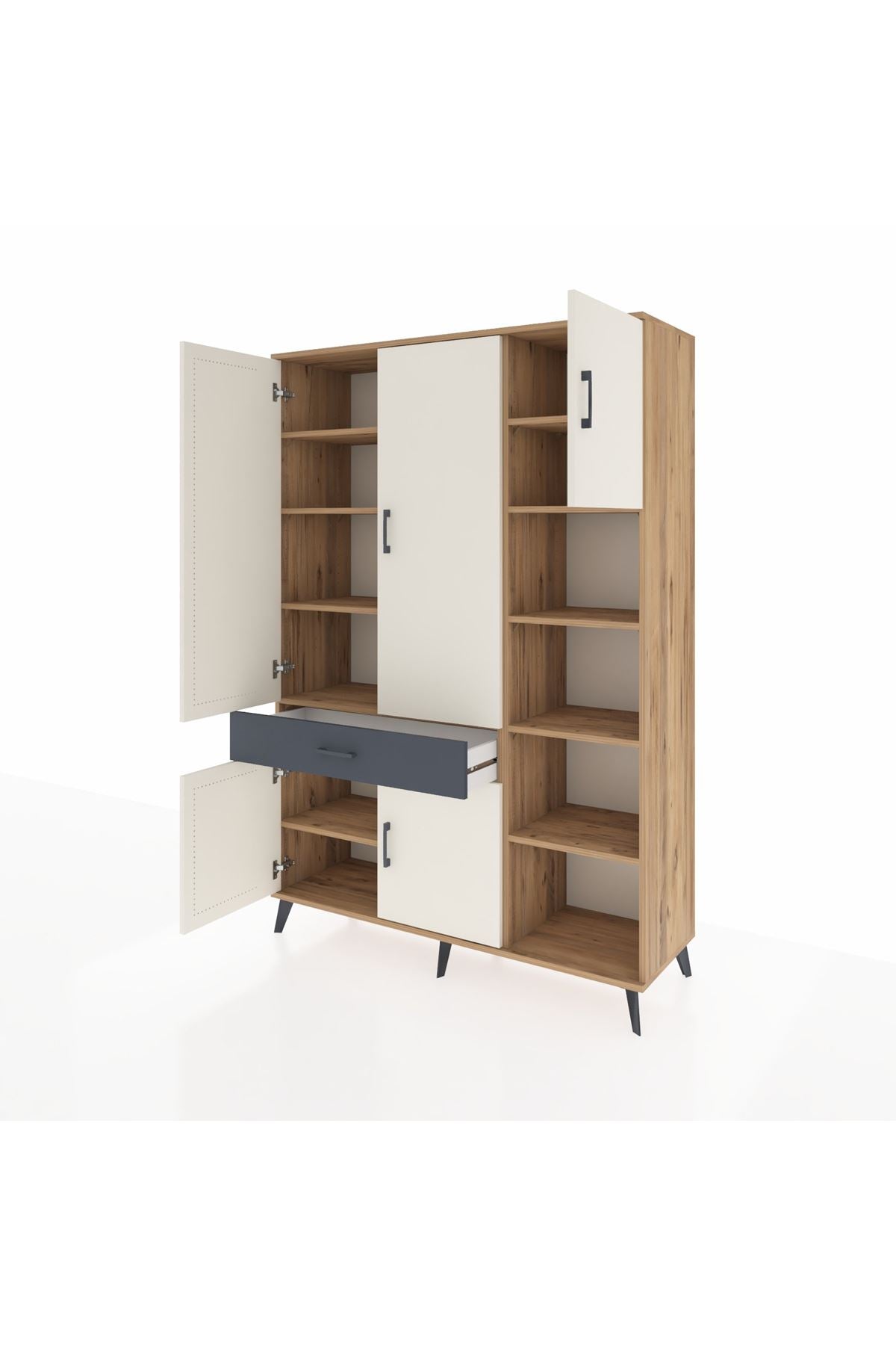 Hyperion Dolap 10 Raflı Tek Çekmeceli 5 Kapaklı 132x44x195 Çam-Aytaşı/Antrasit