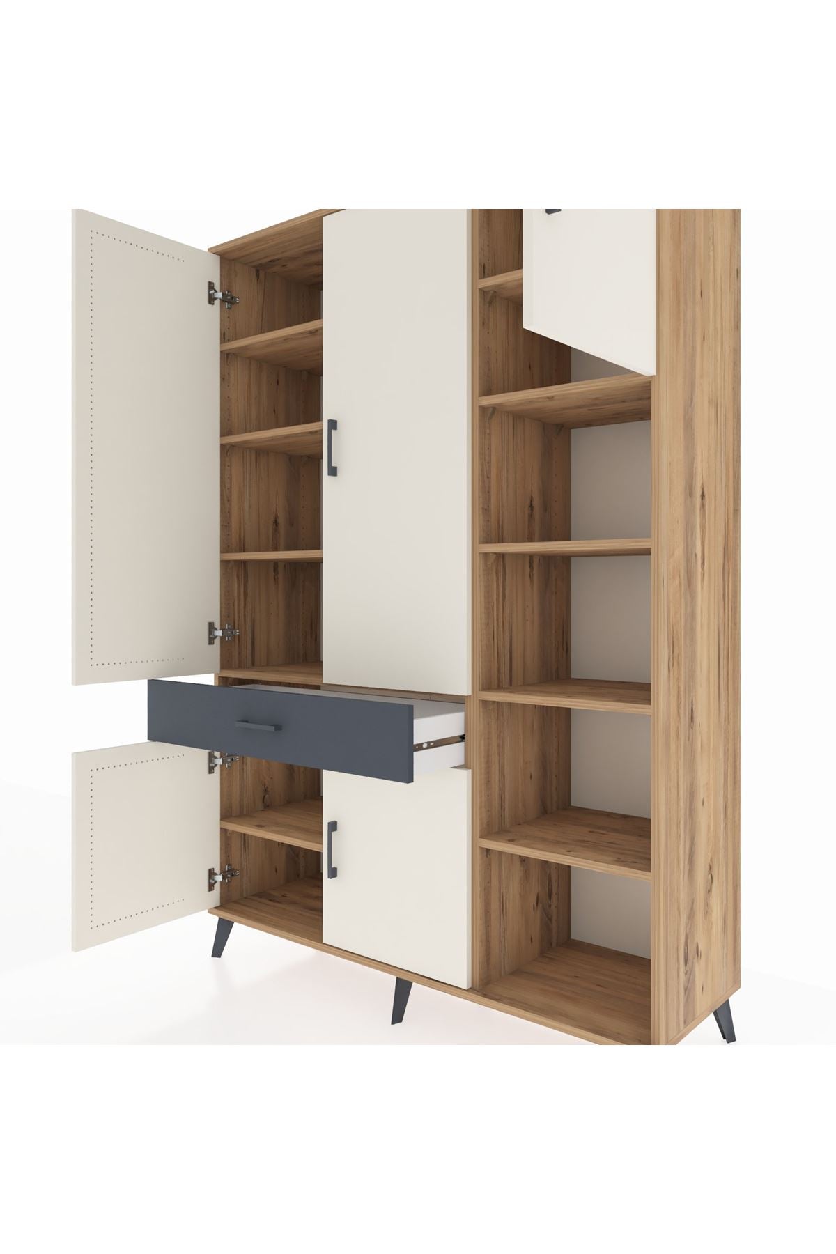 Hyperion Dolap 10 Raflı Tek Çekmeceli 5 Kapaklı 132x44x195 Çam-Aytaşı/Antrasit