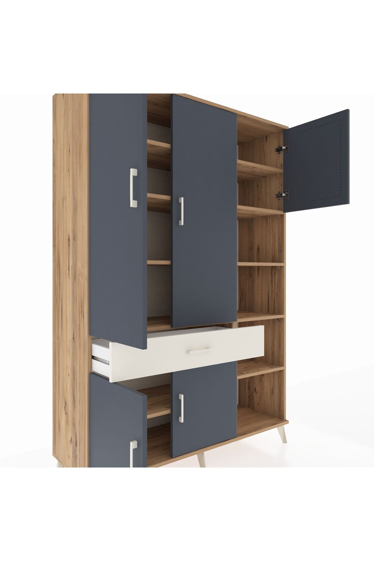 Hyperion Dolap 10 Raflı Tek Çekmeceli 5 Kapaklı 132x44x195 Çam-Antrasit/Aytaşı