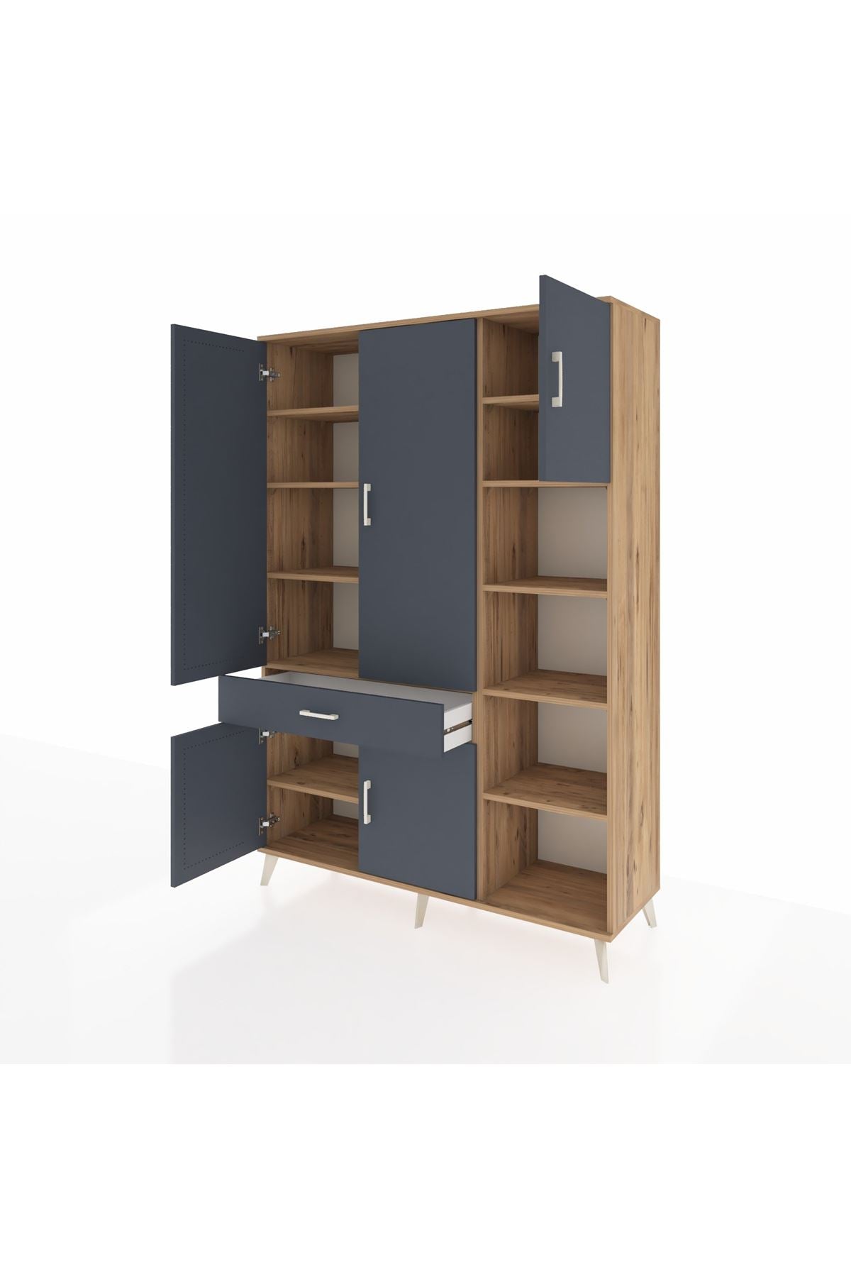 Hyperion Dolap 10 Raflı Tek Çekmeceli 5 Kapaklı 132x44x195 Çam-Antrasit/Antrasit