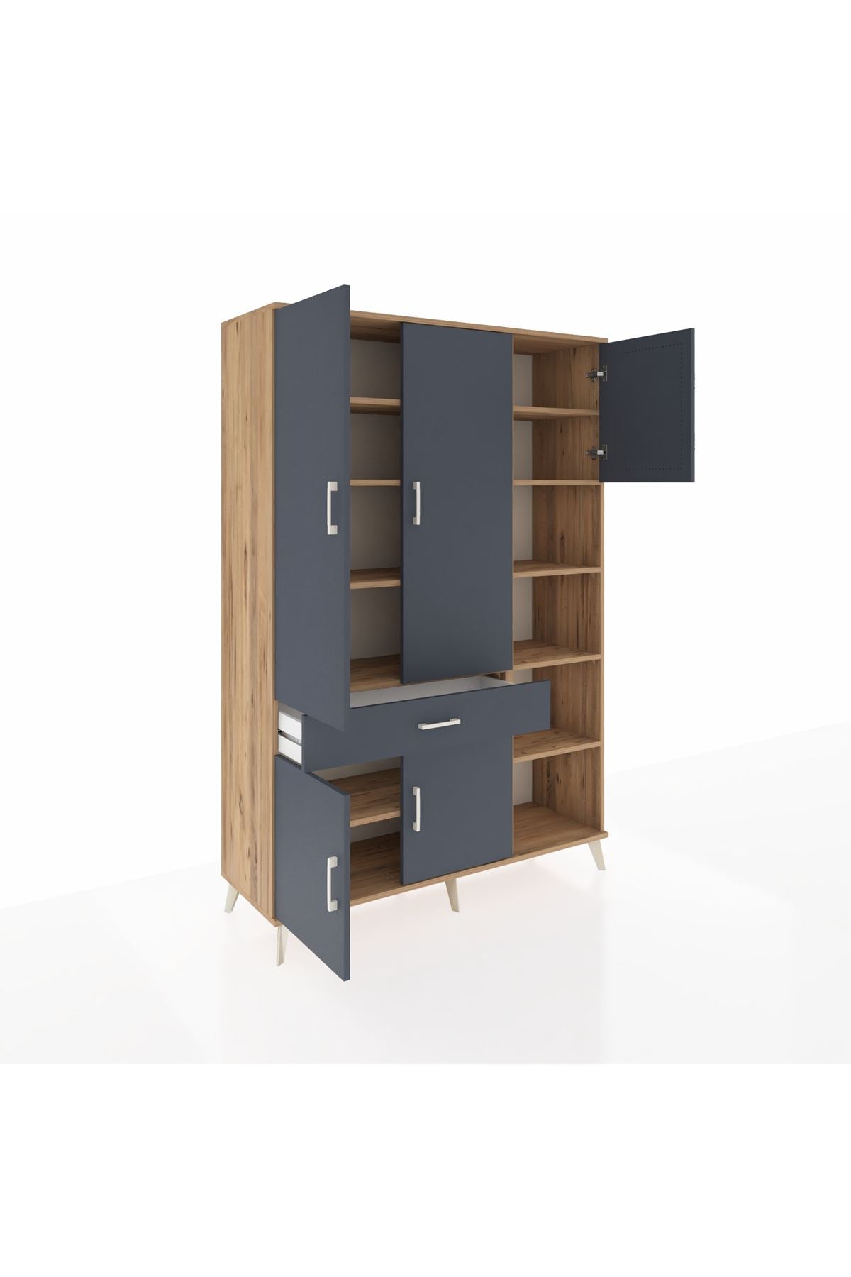 Hyperion Dolap 10 Raflı Tek Çekmeceli 5 Kapaklı 132x44x195 Çam-Antrasit/Antrasit