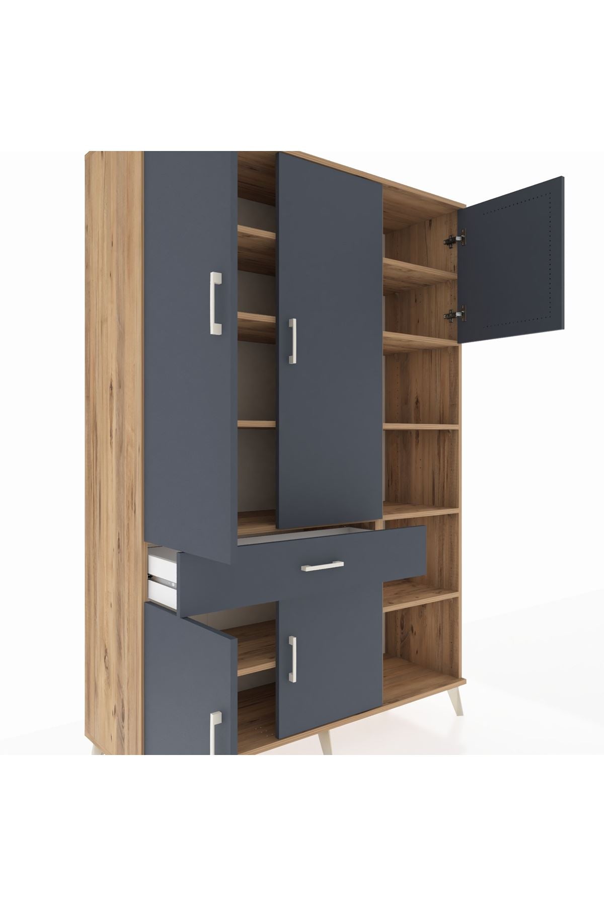 Hyperion Dolap 10 Raflı Tek Çekmeceli 5 Kapaklı 132x44x195 Çam-Antrasit/Antrasit