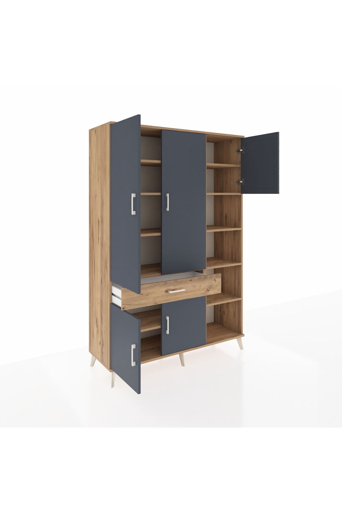 Hyperion Dolap 10 Raflı Tek Çekmeceli 5 Kapaklı 132x44x195 Çam-Antrasit/Çam