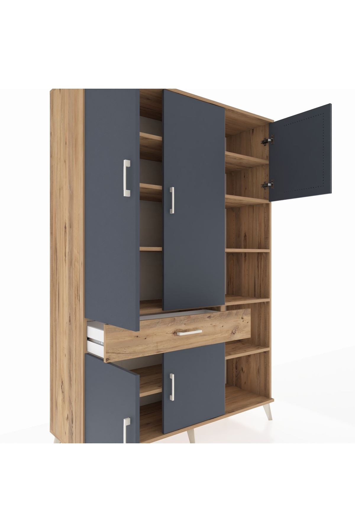 Hyperion Dolap 10 Raflı Tek Çekmeceli 5 Kapaklı 132x44x195 Çam-Antrasit/Çam