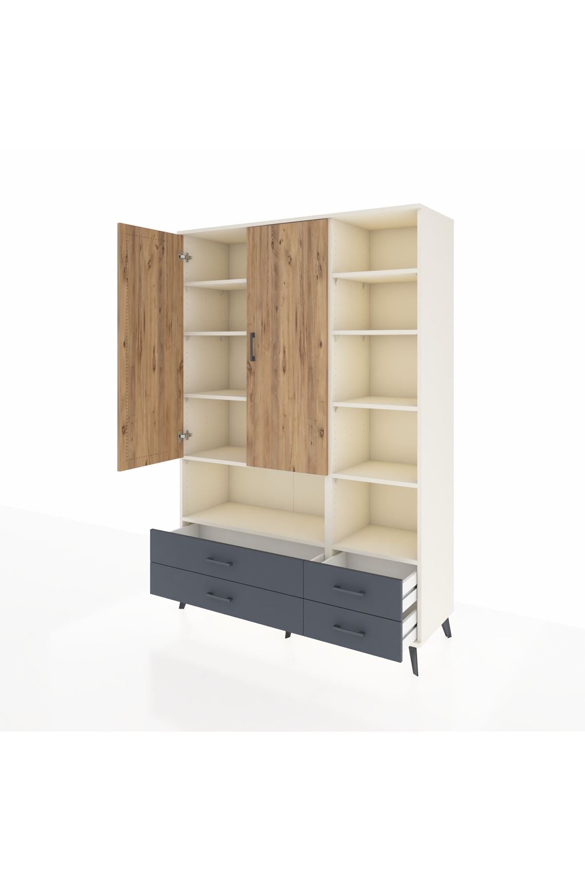 Hyperion Dolap 10 Raflı 4 Çekmeceli 2 Kapaklı 132x44x195 Aytaşı-Çam/Antrasit