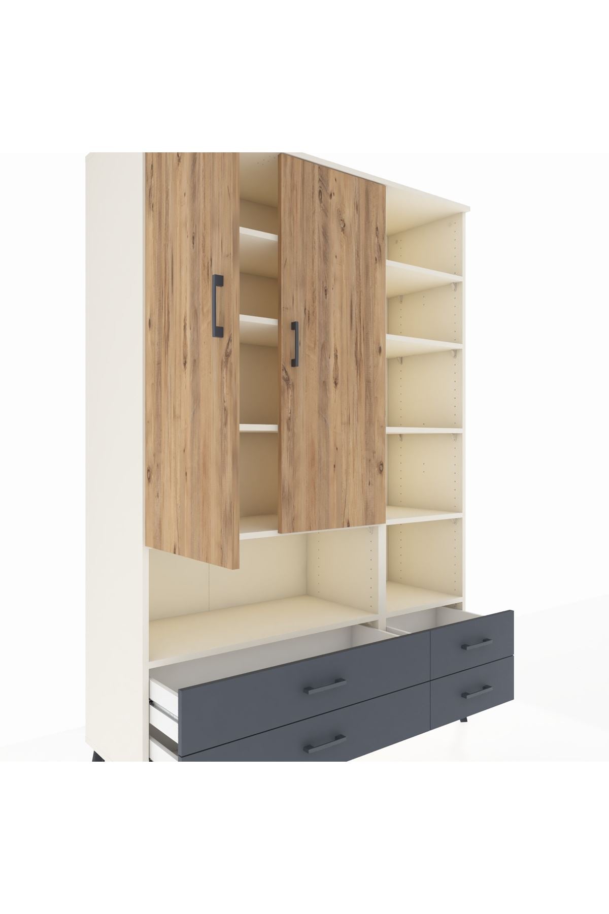 Hyperion Dolap 10 Raflı 4 Çekmeceli 2 Kapaklı 132x44x195 Aytaşı-Çam/Antrasit