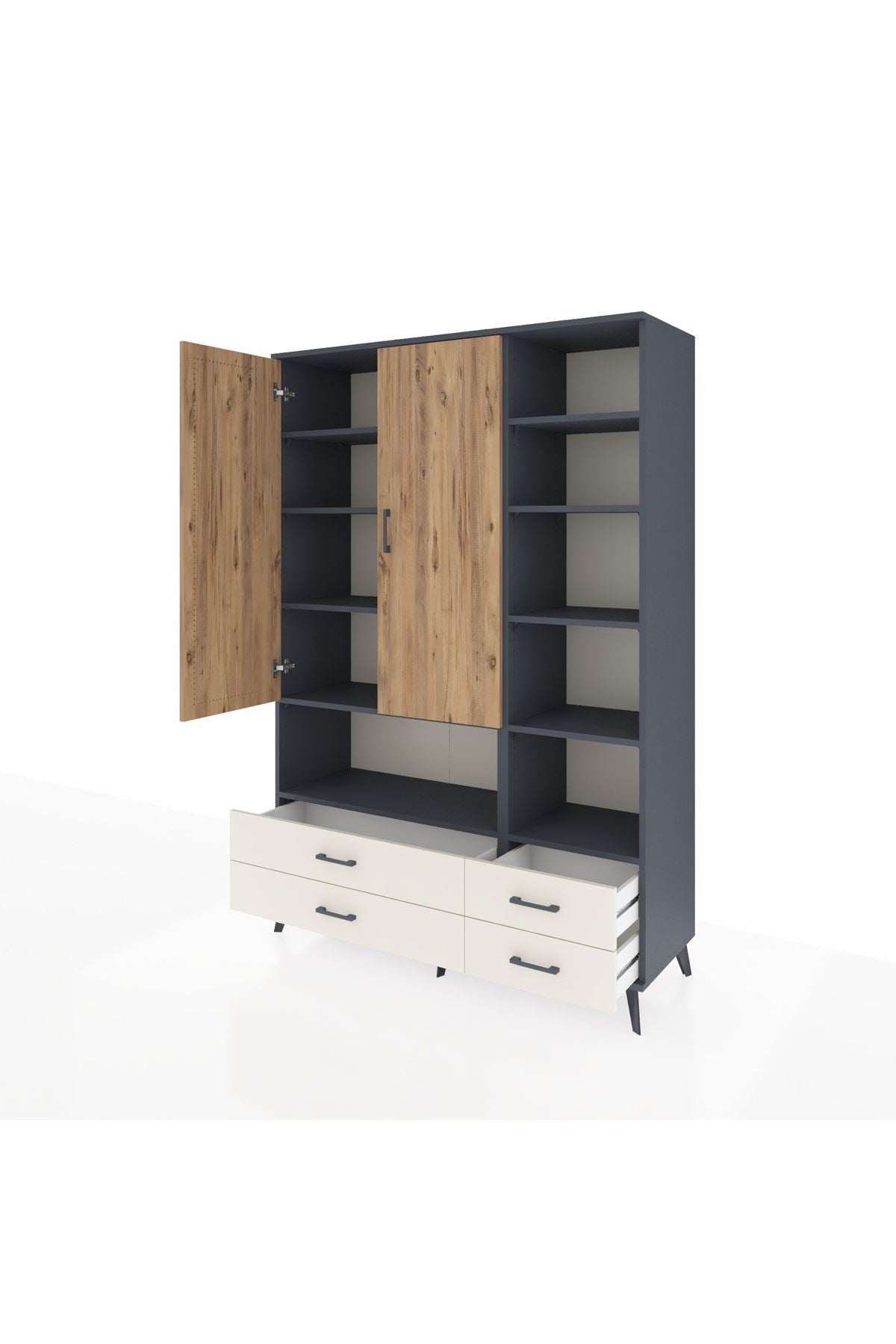 Hyperion Dolap 10 Raflı 4 Çekmeceli 2 Kapaklı 132x44x195 Antrasit-Çam/Aytaşı