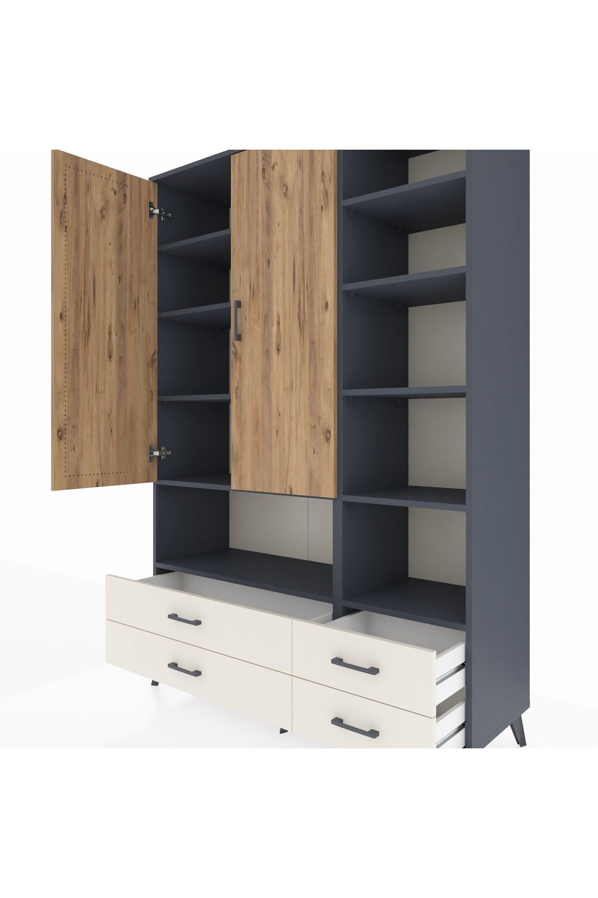 Hyperion Dolap 10 Raflı 4 Çekmeceli 2 Kapaklı 132x44x195 Antrasit-Çam/Aytaşı