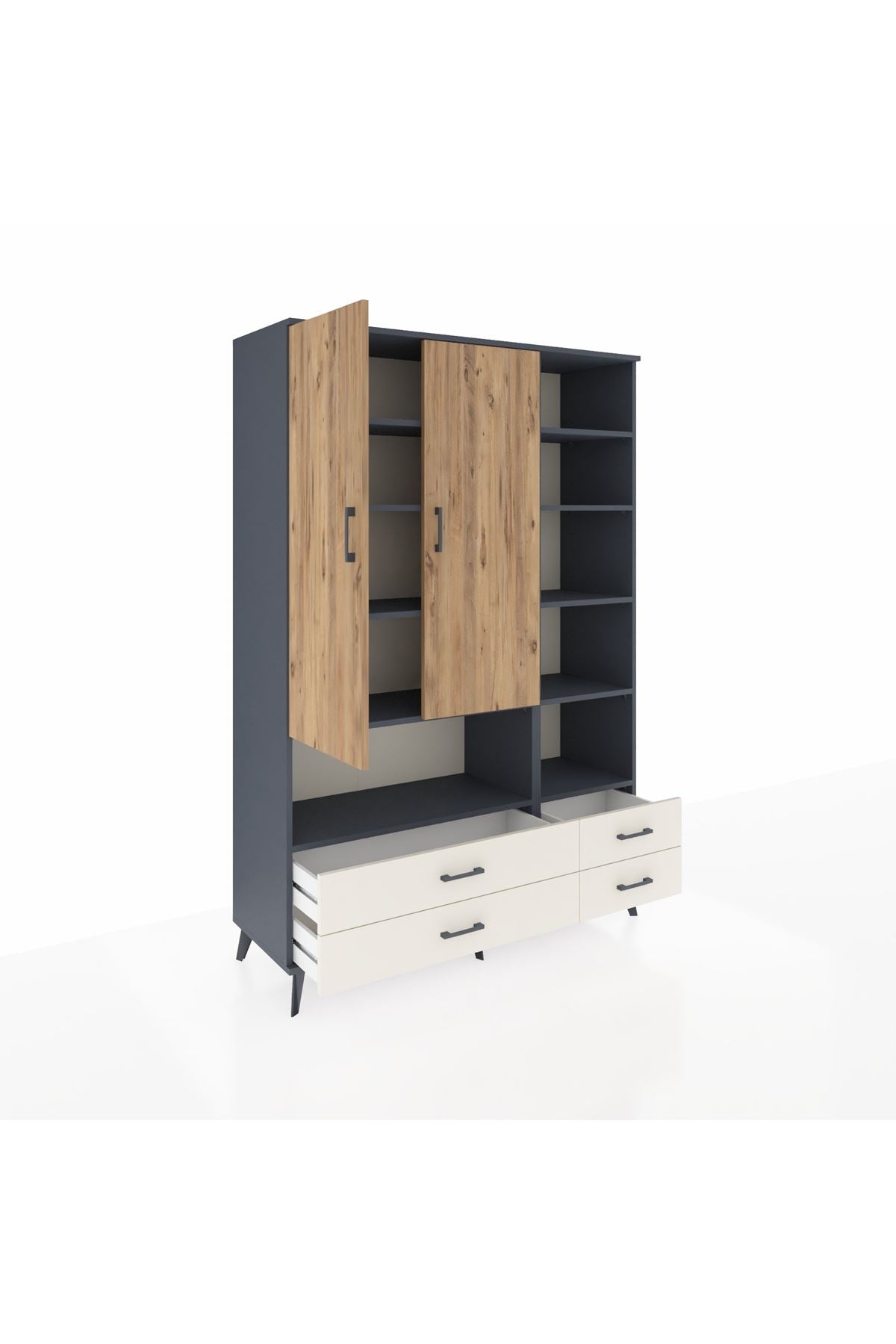 Hyperion Dolap 10 Raflı 4 Çekmeceli 2 Kapaklı 132x44x195 Antrasit-Çam/Aytaşı