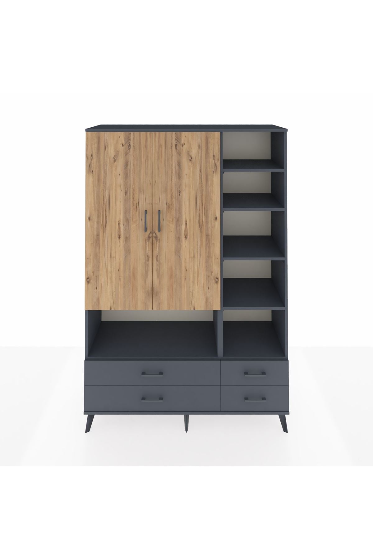 Hyperion Dolap 10 Raflı 4 Çekmeceli 2 Kapaklı 132x44x195 Antrasit-Çam/Antrasit