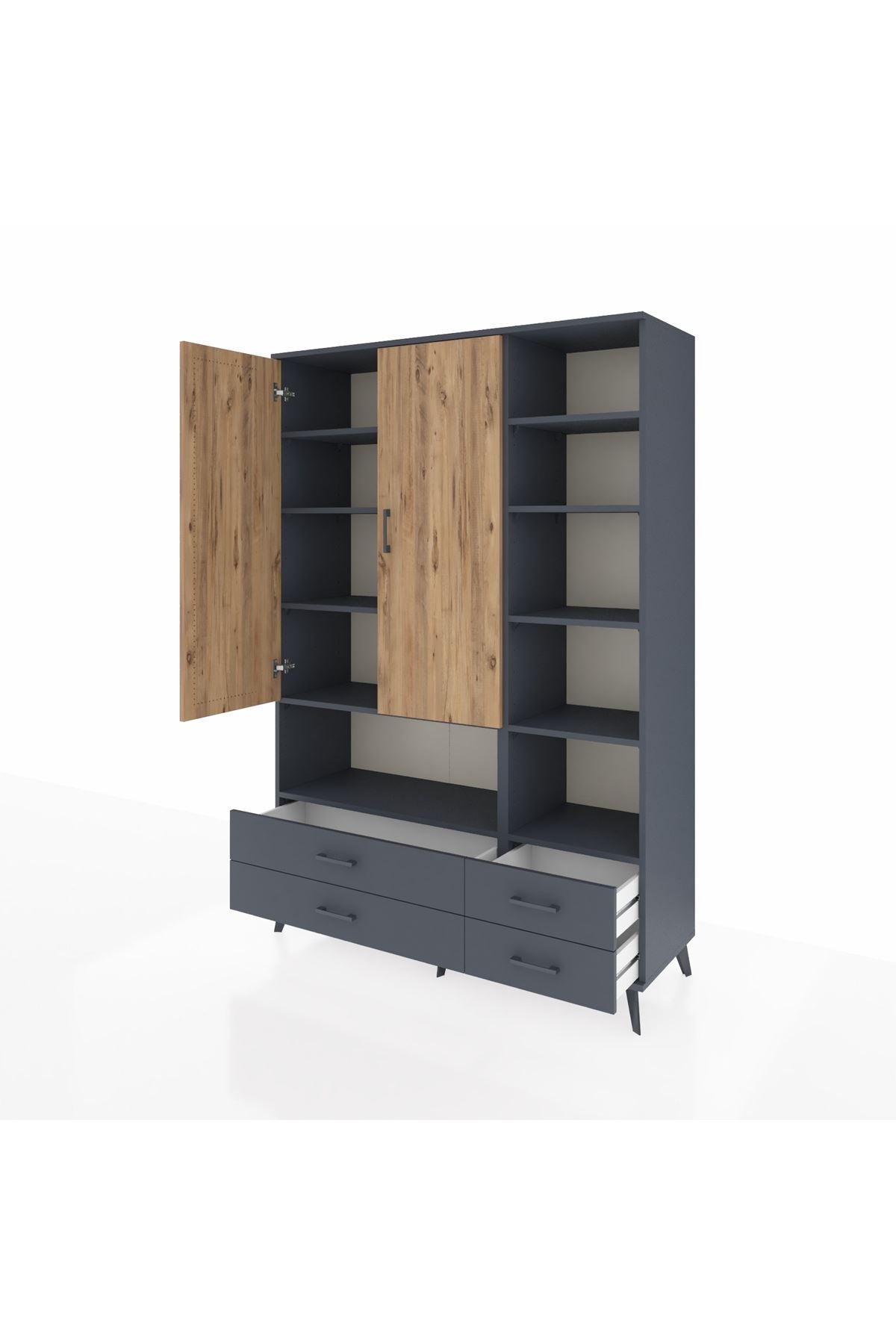 Hyperion Dolap 10 Raflı 4 Çekmeceli 2 Kapaklı 132x44x195 Antrasit-Çam/Antrasit