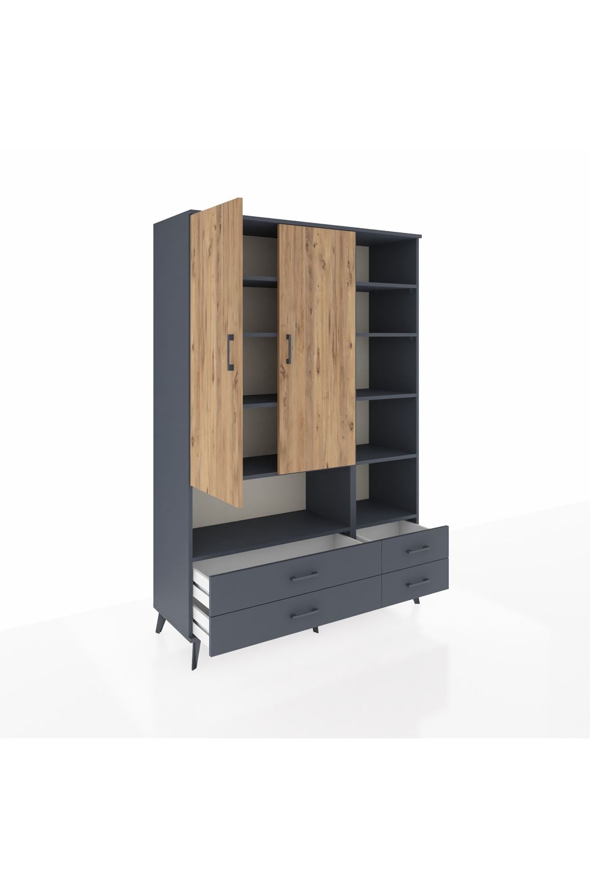 Hyperion Dolap 10 Raflı 4 Çekmeceli 2 Kapaklı 132x44x195 Antrasit-Çam/Antrasit