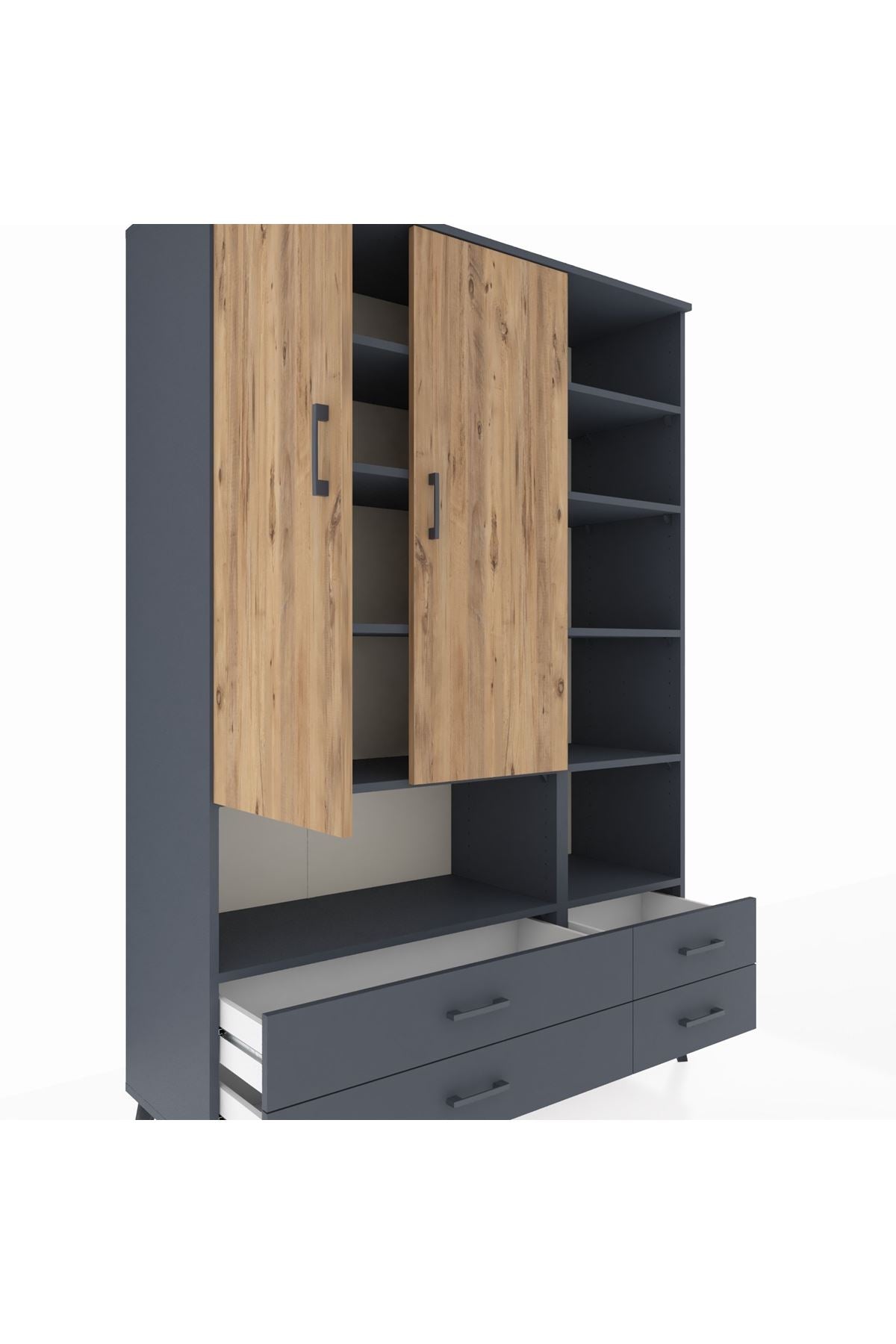 Hyperion Dolap 10 Raflı 4 Çekmeceli 2 Kapaklı 132x44x195 Antrasit-Çam/Antrasit