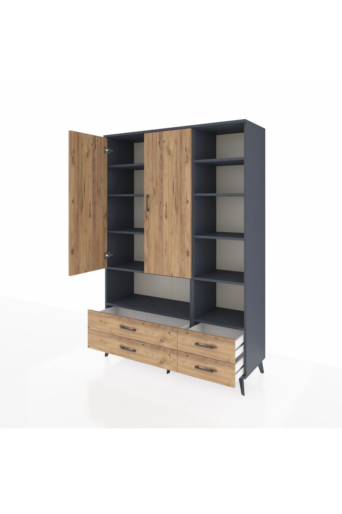 Hyperion Dolap 10 Raflı 4 Çekmeceli 2 Kapaklı 132x44x195 Antrasit-Çam/Çam