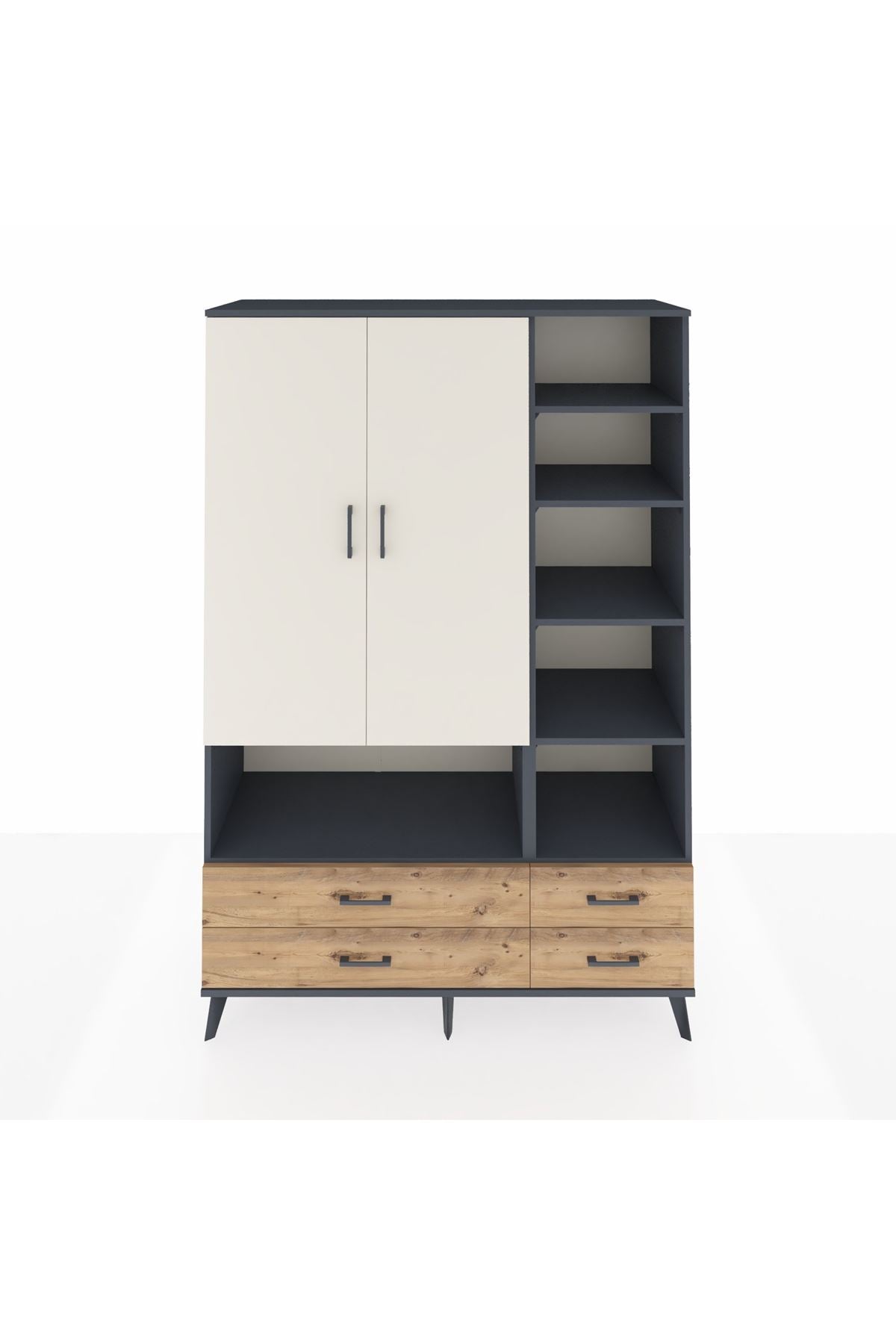 Hyperion Dolap 10 Raflı 4 Çekmeceli 2 Kapaklı 132x44x195 Antrasit-Aytaşı/Çam