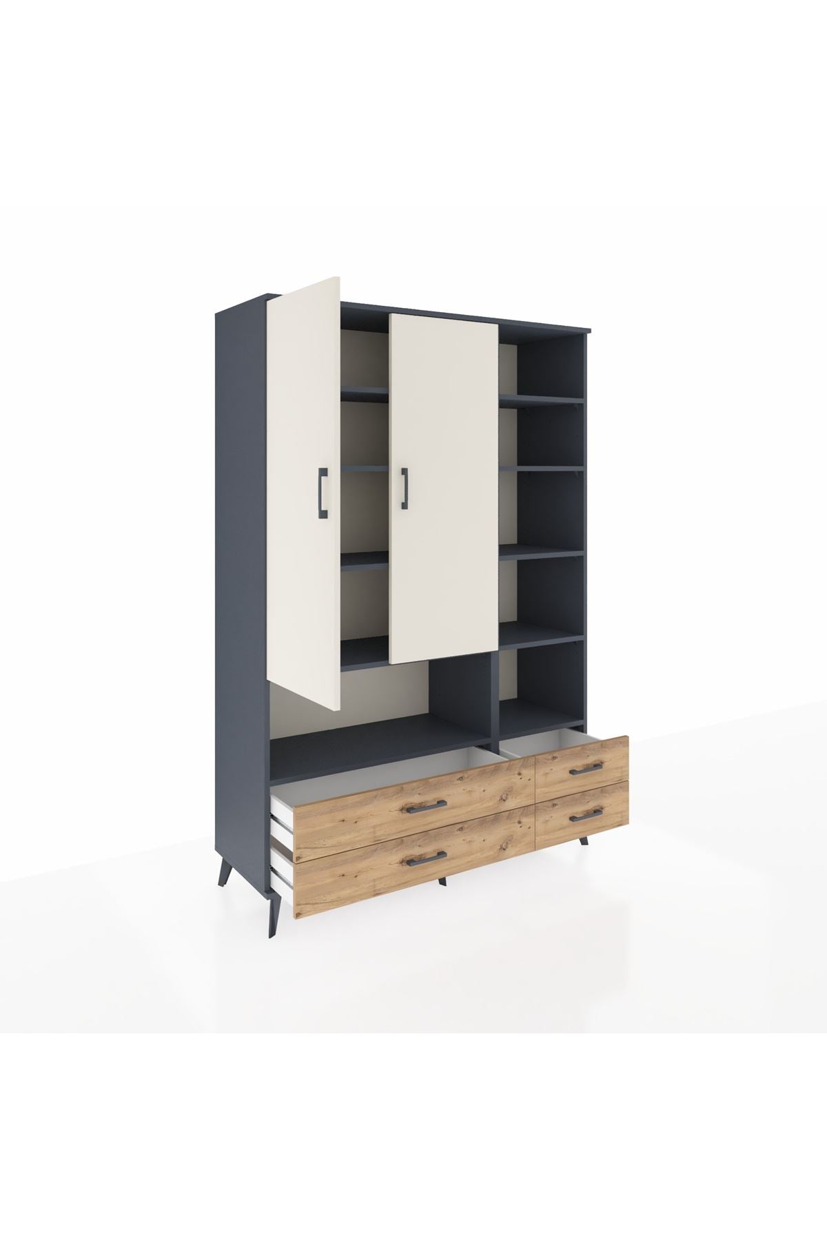 Hyperion Dolap 10 Raflı 4 Çekmeceli 2 Kapaklı 132x44x195 Antrasit-Aytaşı/Çam