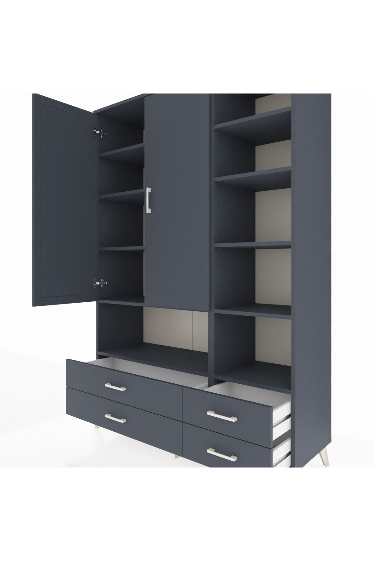 Hyperion Dolap 10 Raflı 4 Çekmeceli 2 Kapaklı 132x44x195 Antrasit-Antrasit/Antrasit