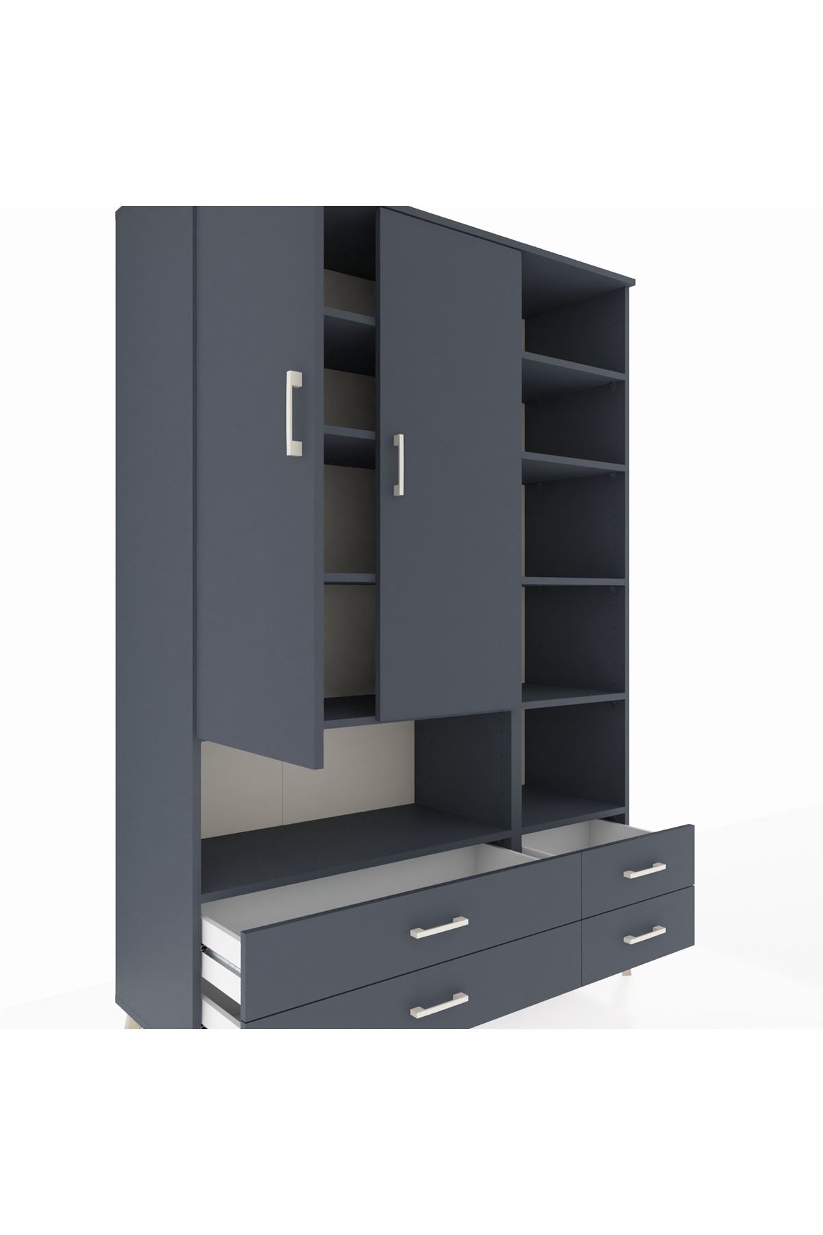 Hyperion Dolap 10 Raflı 4 Çekmeceli 2 Kapaklı 132x44x195 Antrasit-Antrasit/Antrasit