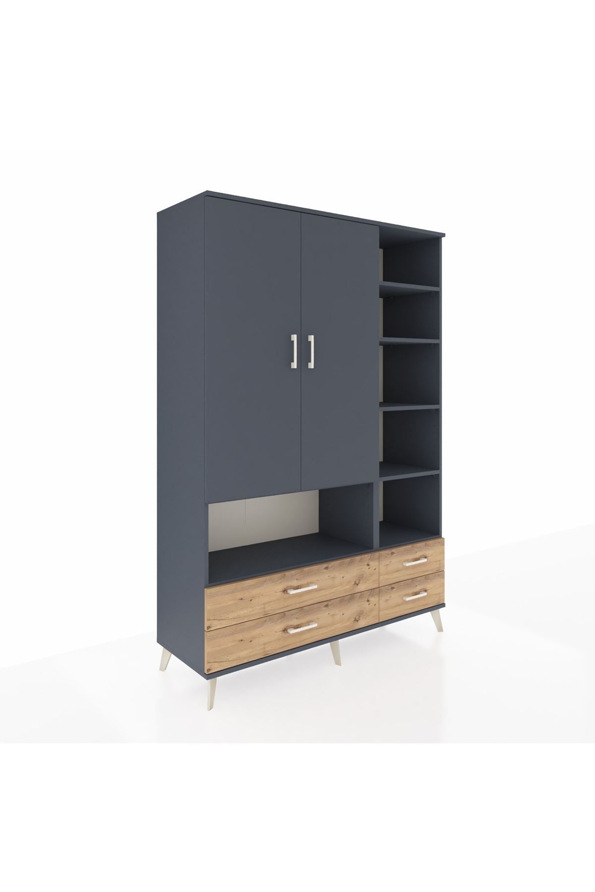 Hyperion Dolap 10 Raflı 4 Çekmeceli 2 Kapaklı 132x44x195 Antrasit-Antrasit/Çam